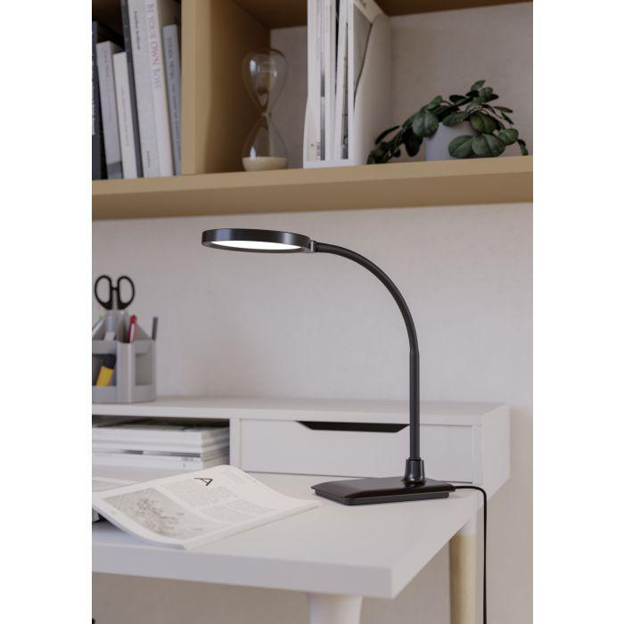Ein Schreibtisch mit schwarzer Lampe, offenem Buch und Büromaterial. Ein Regal darüber enthält Bücher, eine Sanduhr und eine Pflanze.