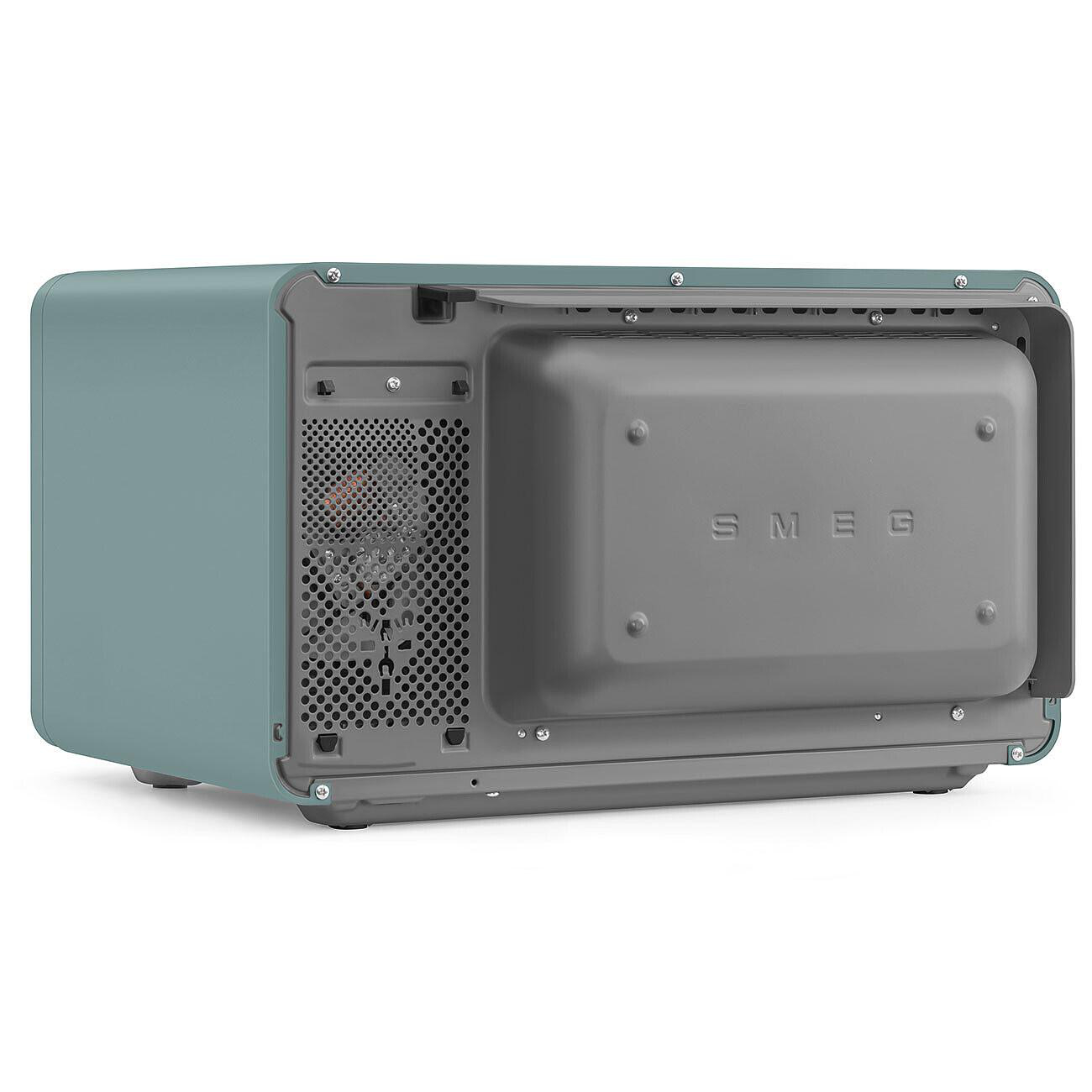 Ein türkisfarbener SMEG-Mikrowellenherd, Rückansicht. Merkmale: Lüftungsgitter und das Wort SMEG. Auf weißem Untergrund.