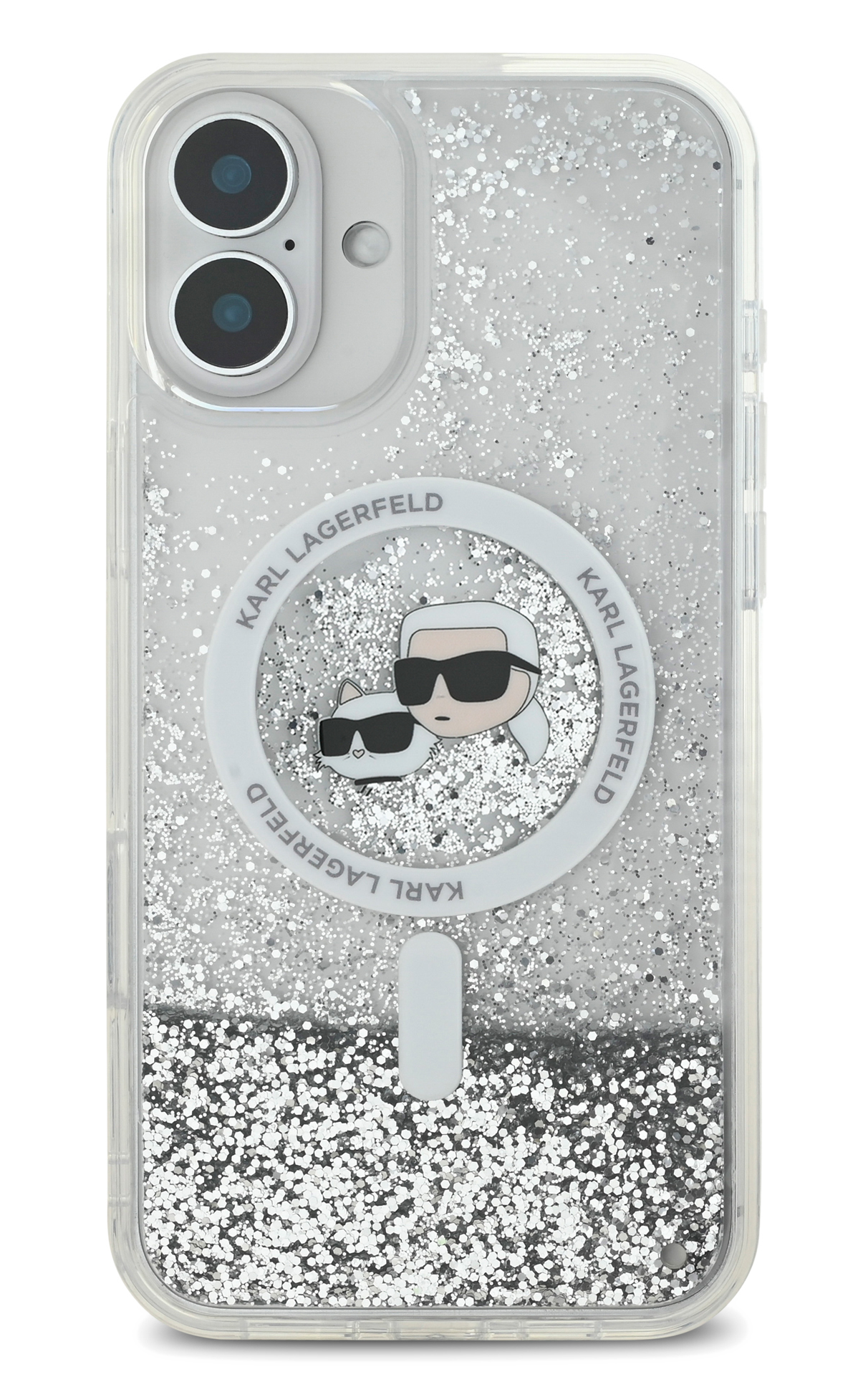 Przezroczyste etui na telefon ze srebrnym brokatem, logo Karl Lagerfeld i dwiema postaciami. Posiada wycięcie na aparat i biały pierścień magnetyczny.