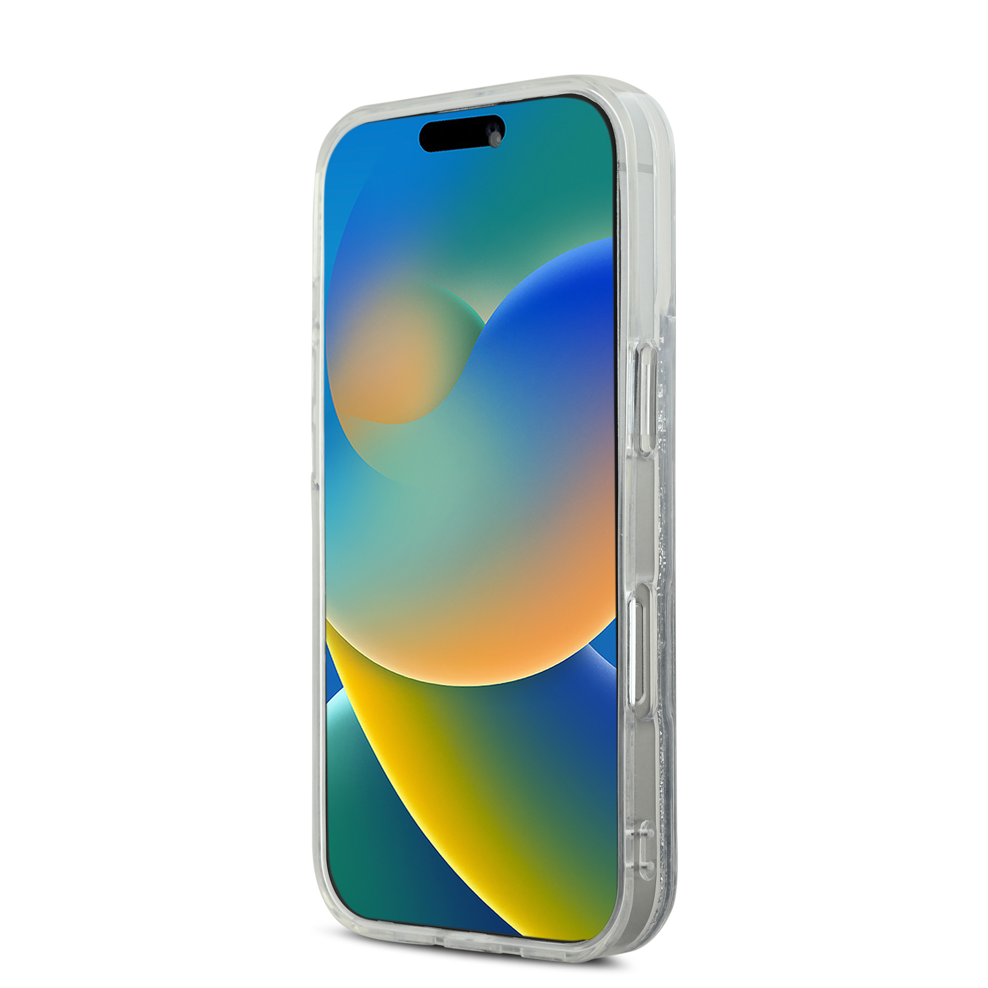 iPhone w przezroczystym etui. Ekran wyświetla kolorowy gradient. Tło jest białe.