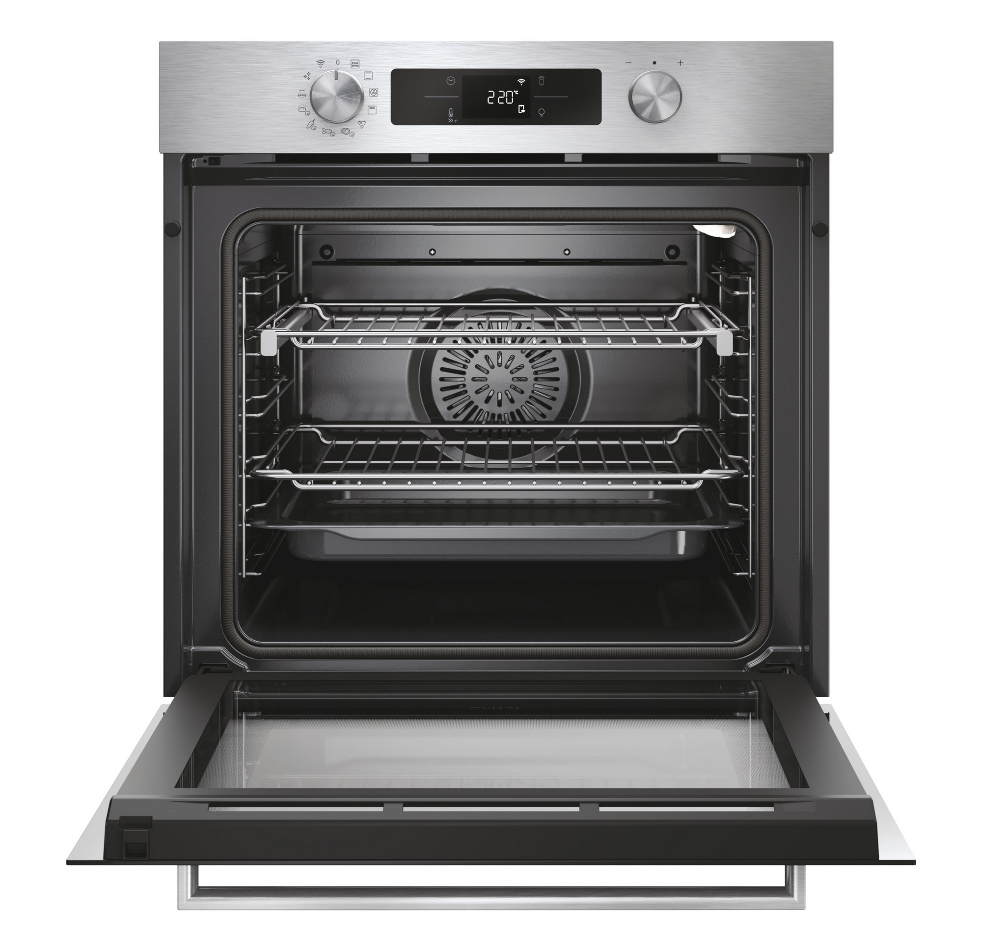 Horno abierto con acabado de acero inoxidable. Puerta del horno abierta, mostrando rejillas y ventilador. Pantalla digital 220 grados.
