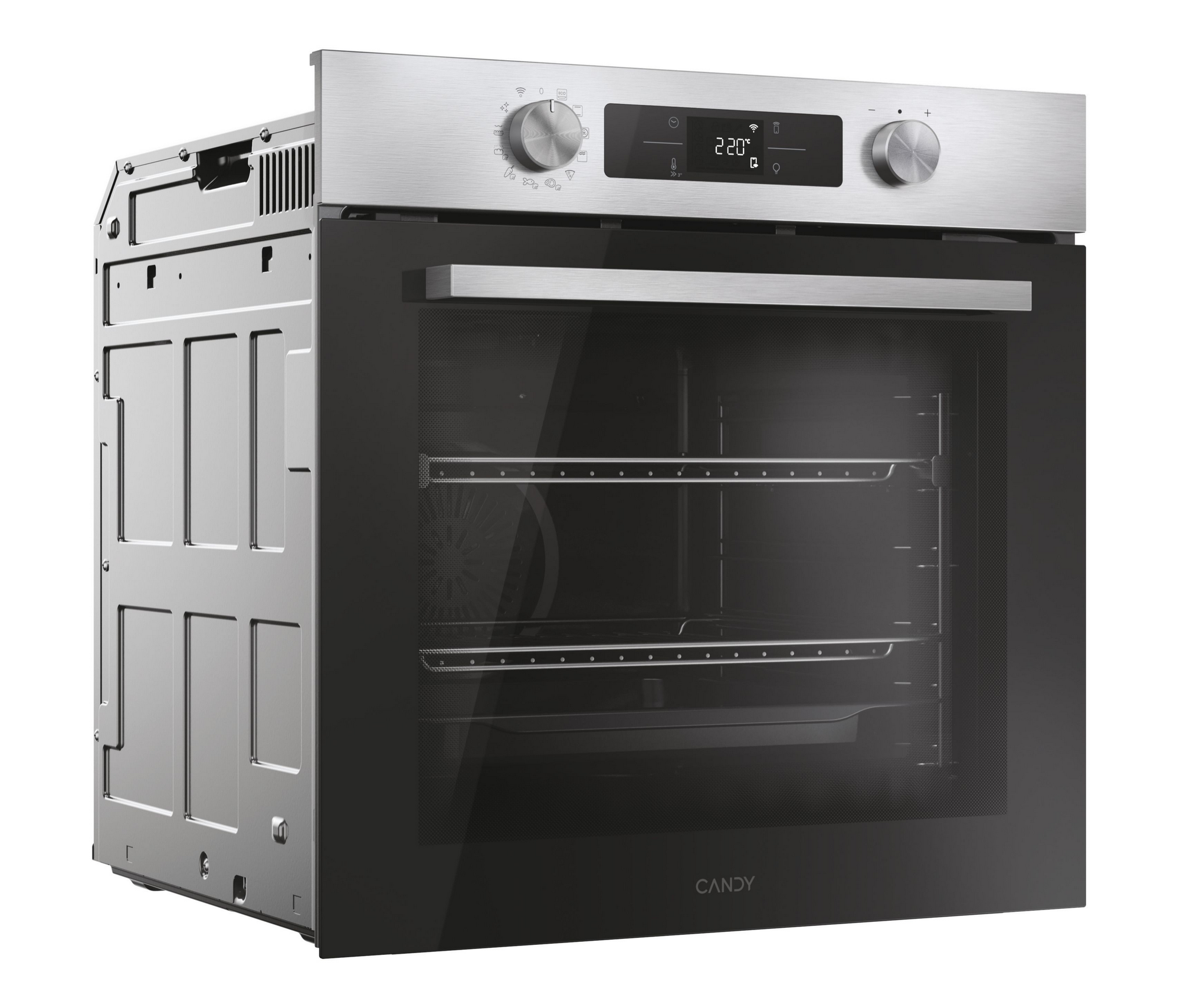 Un horno de acero inoxidable con puerta de cristal negra. Tiene pantalla digital y mandos. La marca es Candy.