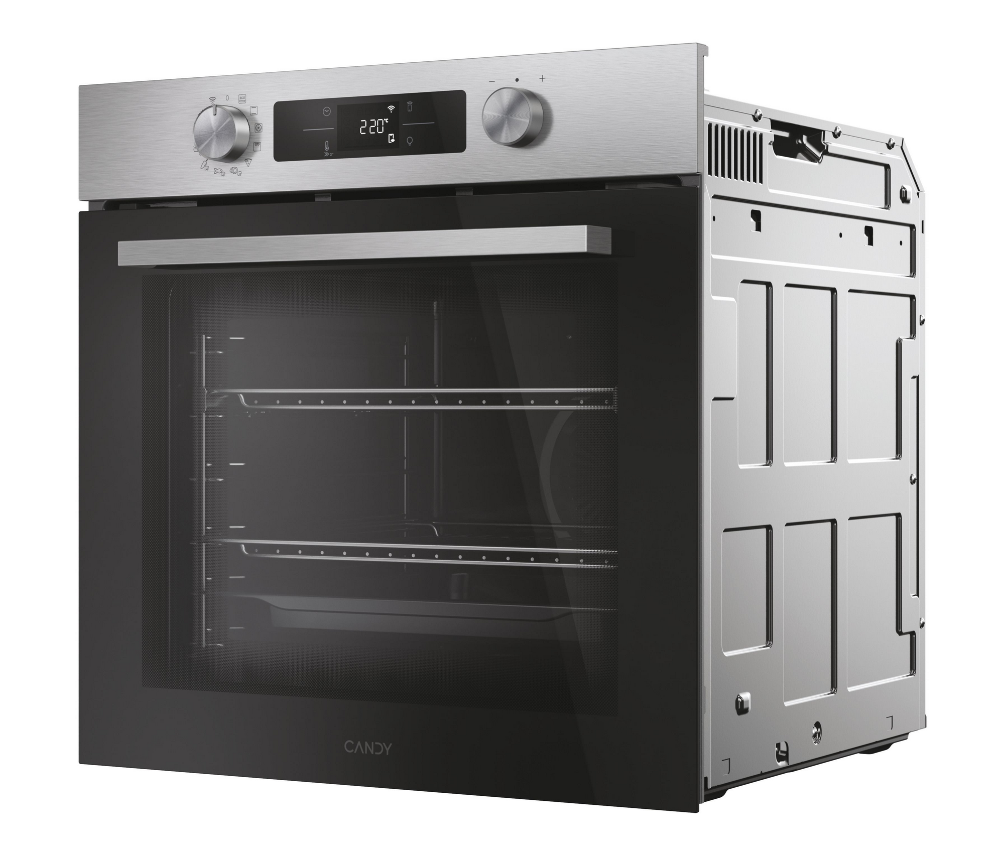 Un horno de acero inoxidable con puerta de vidrio. Tiene dos mandos y una pantalla digital con la temperatura.