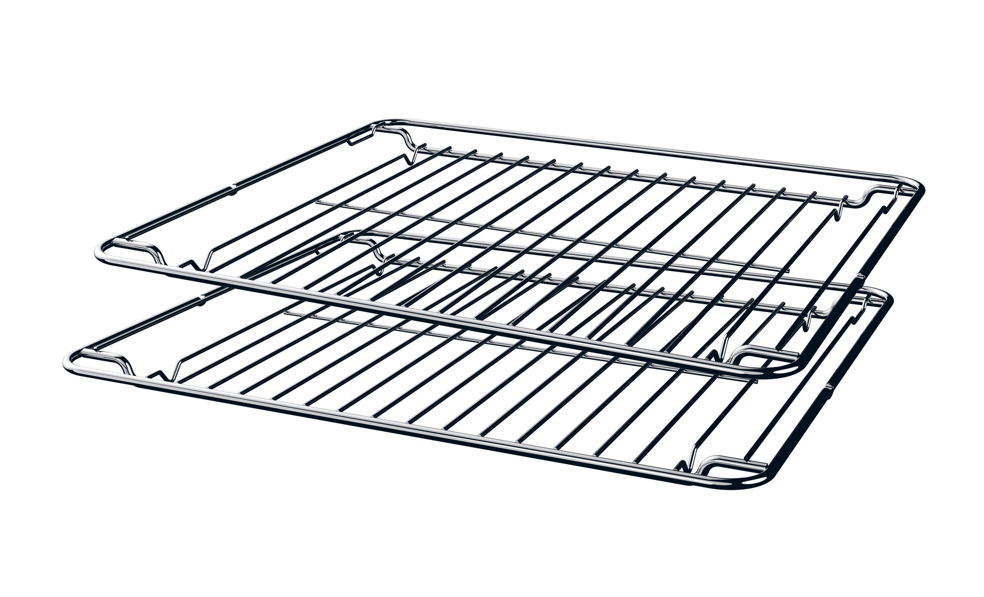 Dos rejillas de horno cromadas y brillantes apiladas una encima de otra. Cada una tiene un marco rectangular y barras paralelas.