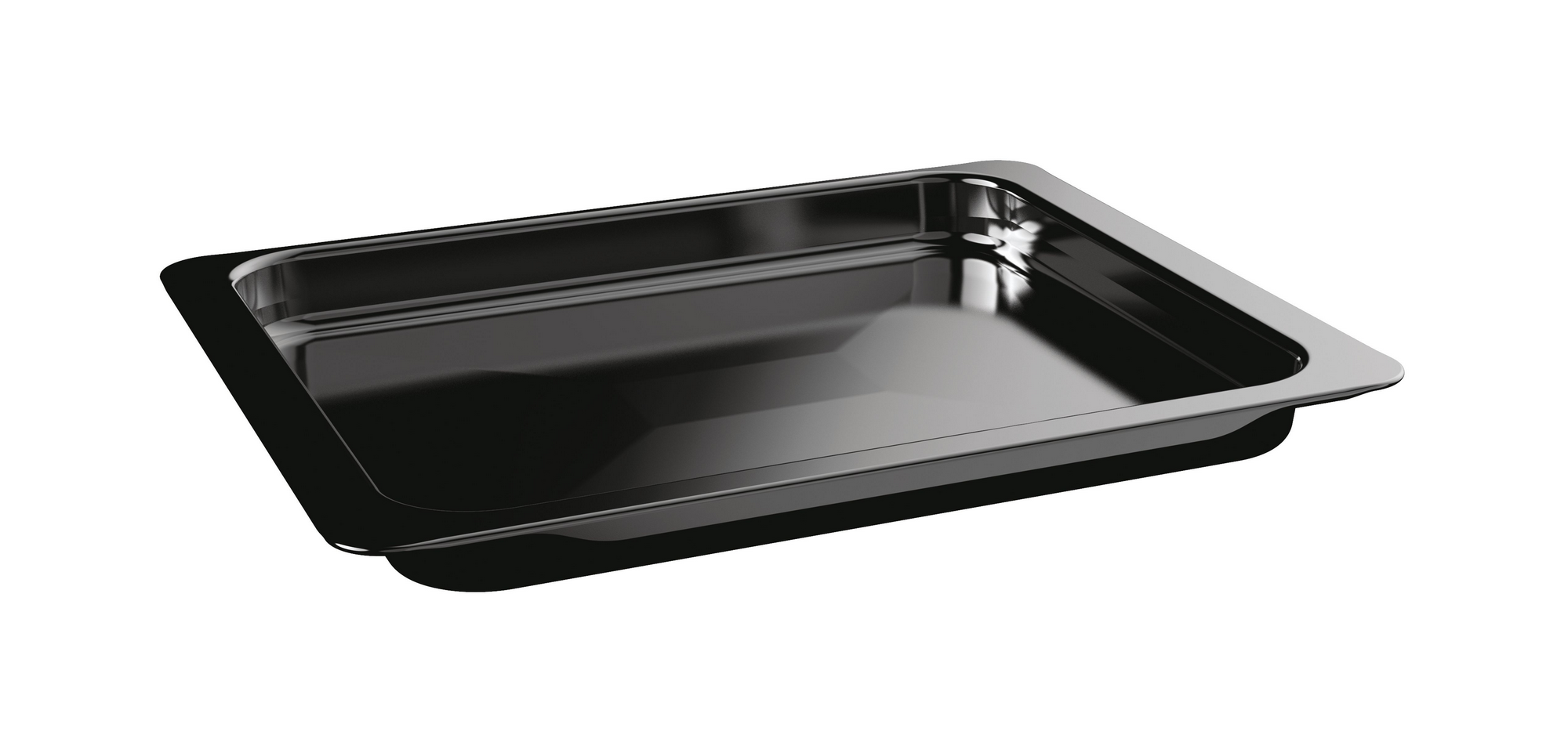 Una bandeja rectangular negra brillante. Tiene un borde redondeado y está sobre un fondo blanco. La bandeja refleja su entorno.