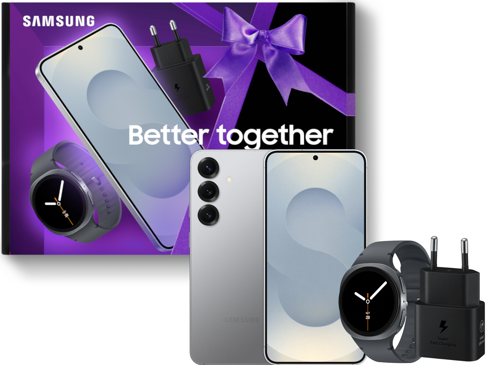 Samsung Produkte: Telefon, Uhr, Ladegerät und Geschenkbox mit Schleife. Der Text 'Better together' wird angezeigt.