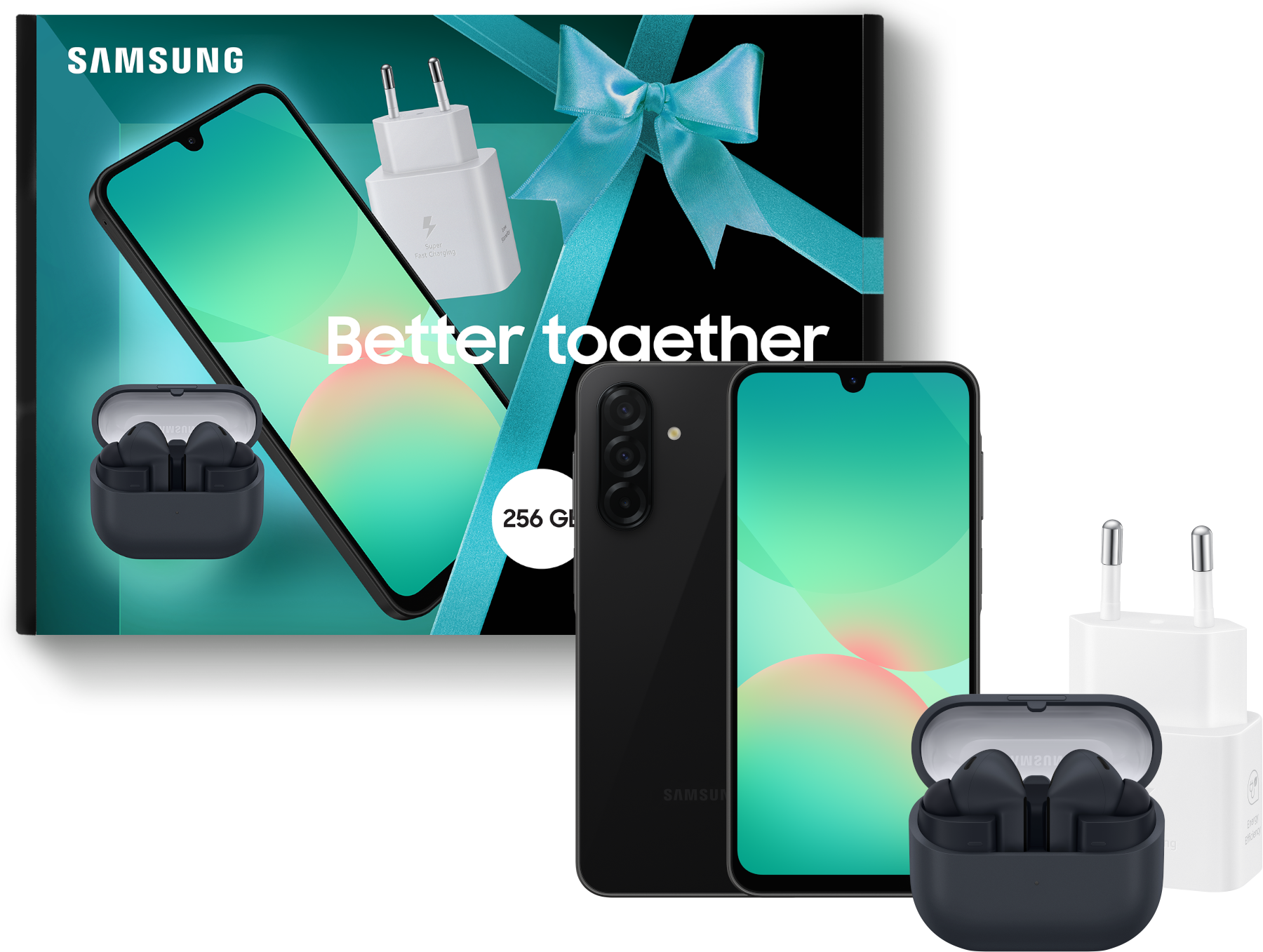 Samsung-Telefon, Ohrhörer und Ladegeräte. Der Telefonbildschirm zeigt ein grün-pinkes Design. Im Hintergrund ist eine blaue Schleife.