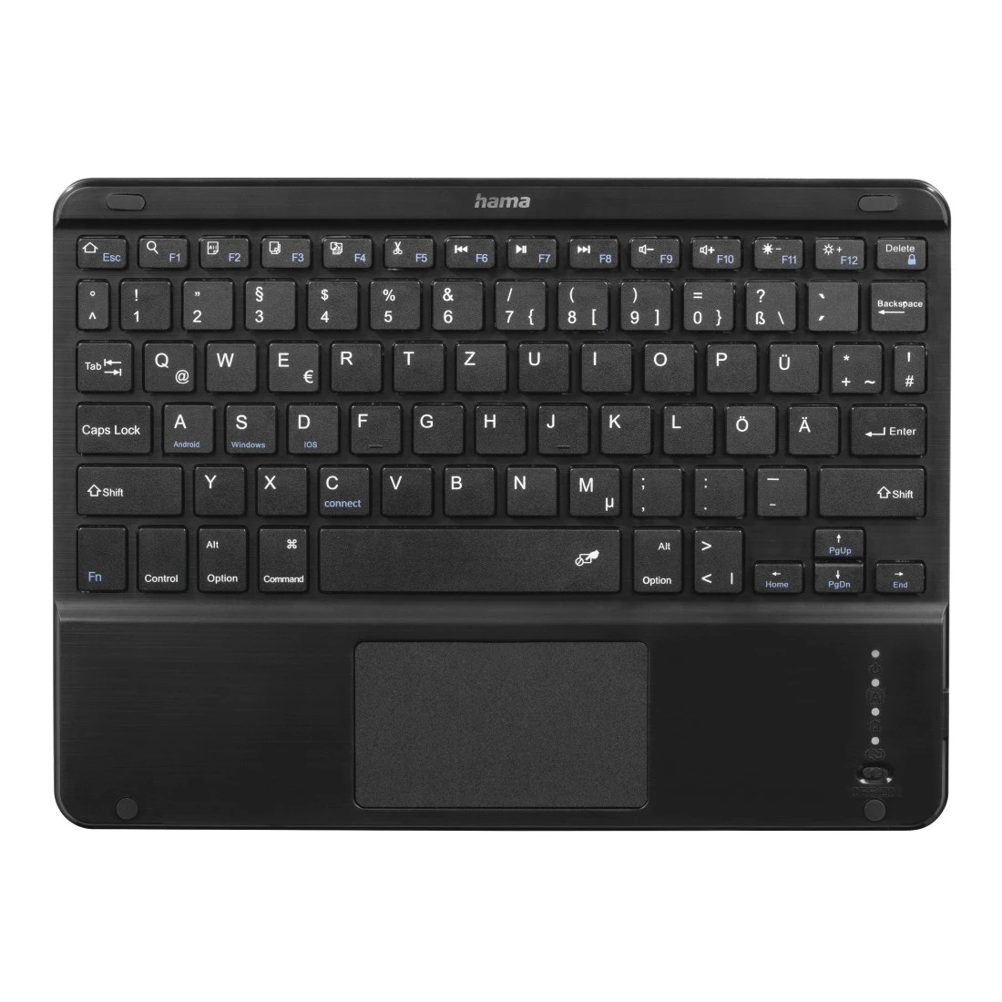 Schwarze Tastatur mit Touchpad. Tasten mit Buchstaben, Zahlen und Symbolen. Marke Hama sichtbar.