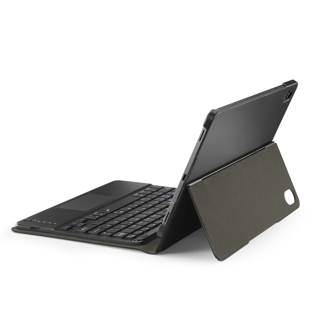 Ein schwarzes Tablet mit Tastaturhülle ist geöffnet. Die Tastatur ist schwarz, das Tablet ist aufgestellt, und die Hülle ist grau.