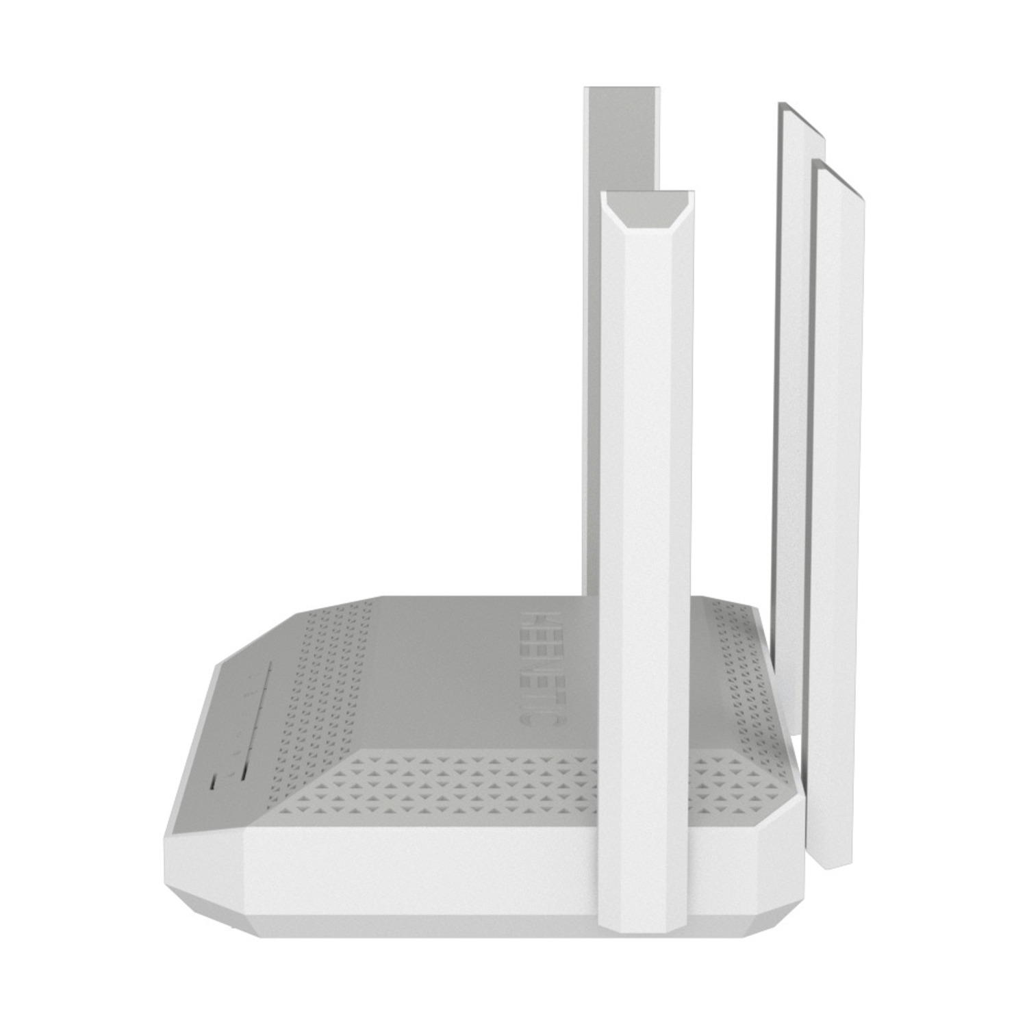 Un router bianco con tre antenne. Ha un design geometrico e si trova su uno sfondo bianco.