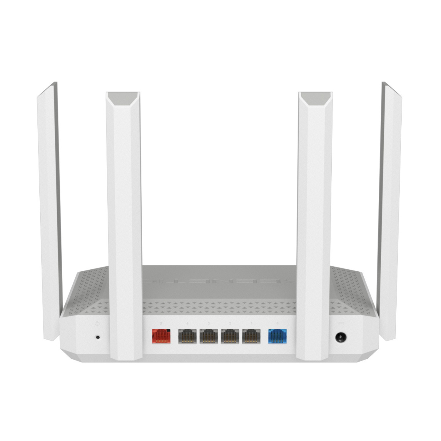 Un router bianco con quattro antenne. Ha varie porte di diversi colori: rosso, nero e blu. Lo sfondo è bianco.