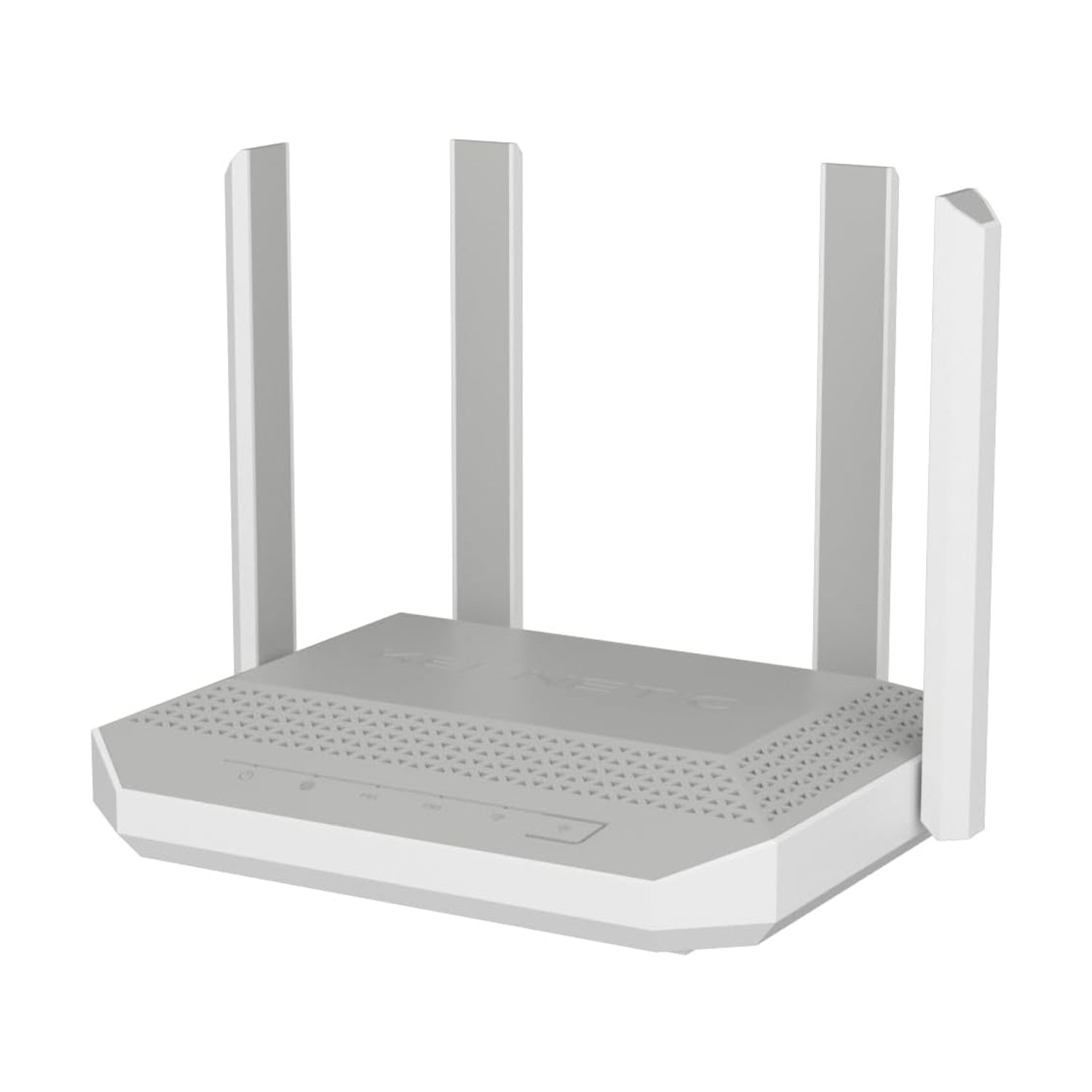 Un router bianco e grigio con quattro antenne. Il router ha diverse luci e si trova su uno sfondo bianco.