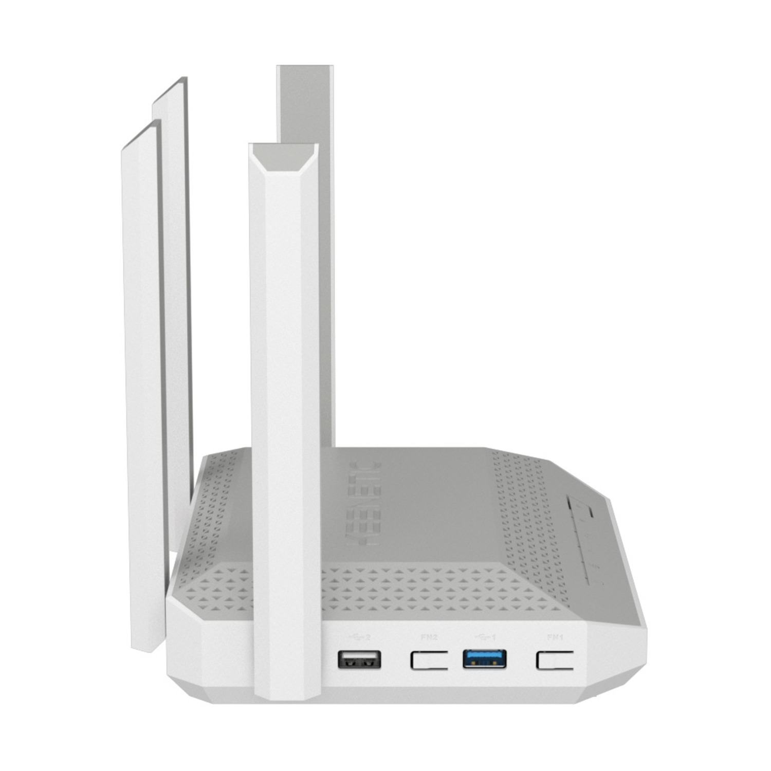 Un router bianco con quattro antenne. Ha porte USB ed è posizionato su uno sfondo bianco.