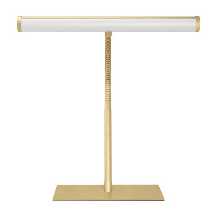 Eine goldfarbene Schreibtischlampe mit rechteckigem Fuß und einer langen, horizontalen Leuchte.