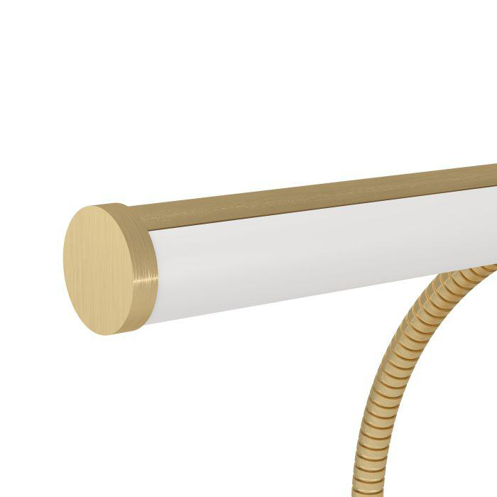 Nahaufnahme einer goldfarbenen Leuchte mit weißem Mittelteil und einem flexiblen, gerippten Schlauch. Weißer Hintergrund.