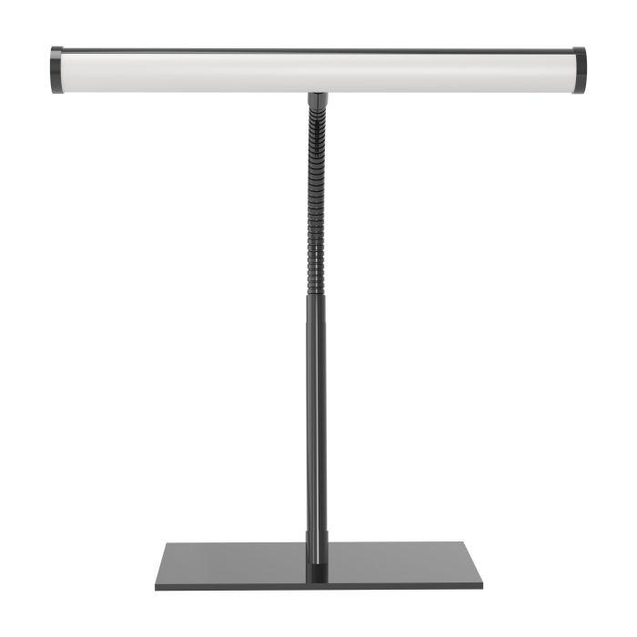 Eine moderne schwarze Lampe mit rechteckigem Fuß, vertikalem Schaft und horizontalem Lichtbalken.