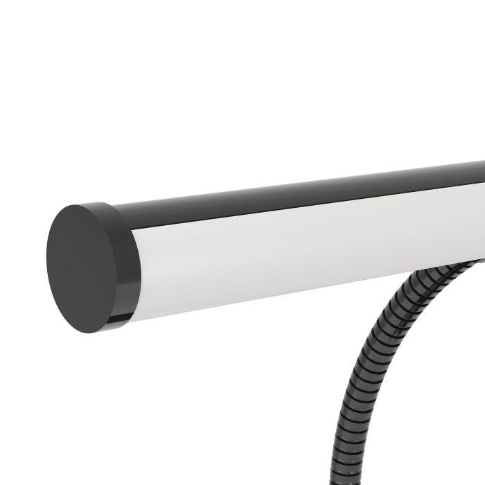 Nahaufnahme einer Schreibtischlampe. Sie hat einen schwarzen Kopf und einen weißen Körper. Ein schwarzer, flexibler Hals ist befestigt.