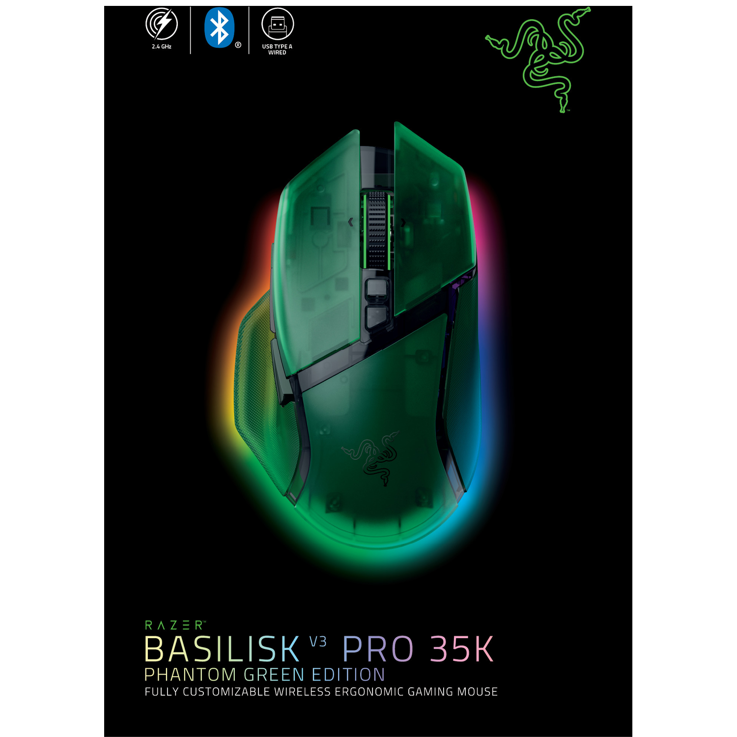 Een groene Razer Basilisk V3 Pro 35K gamingmuis op een zwarte achtergrond. Pictogrammen voor 2,4 GHz, Bluetooth en bedrade verbinding zijn zichtbaar.