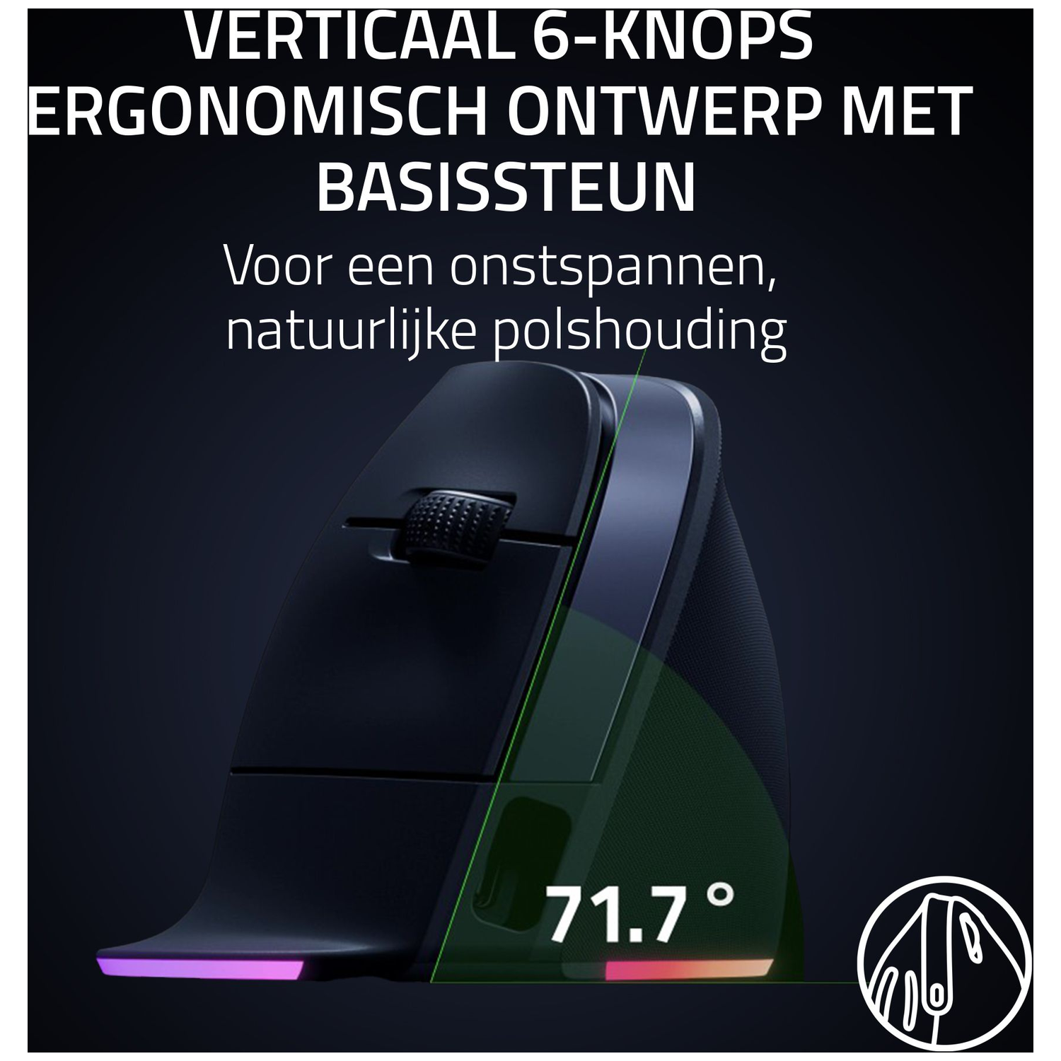 Verticale ergonomische muis met 6 knoppen. Bevat Nederlandse tekst en een hoek van 71,7 graden op een donkere achtergrond.