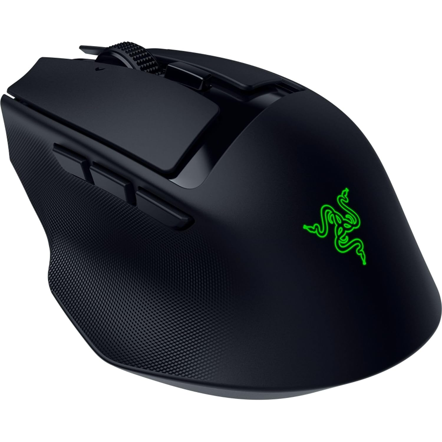Zwarte Razer gaming muis met groen logo. Het heeft knoppen en een scrollwiel. De muis staat op een witte achtergrond.