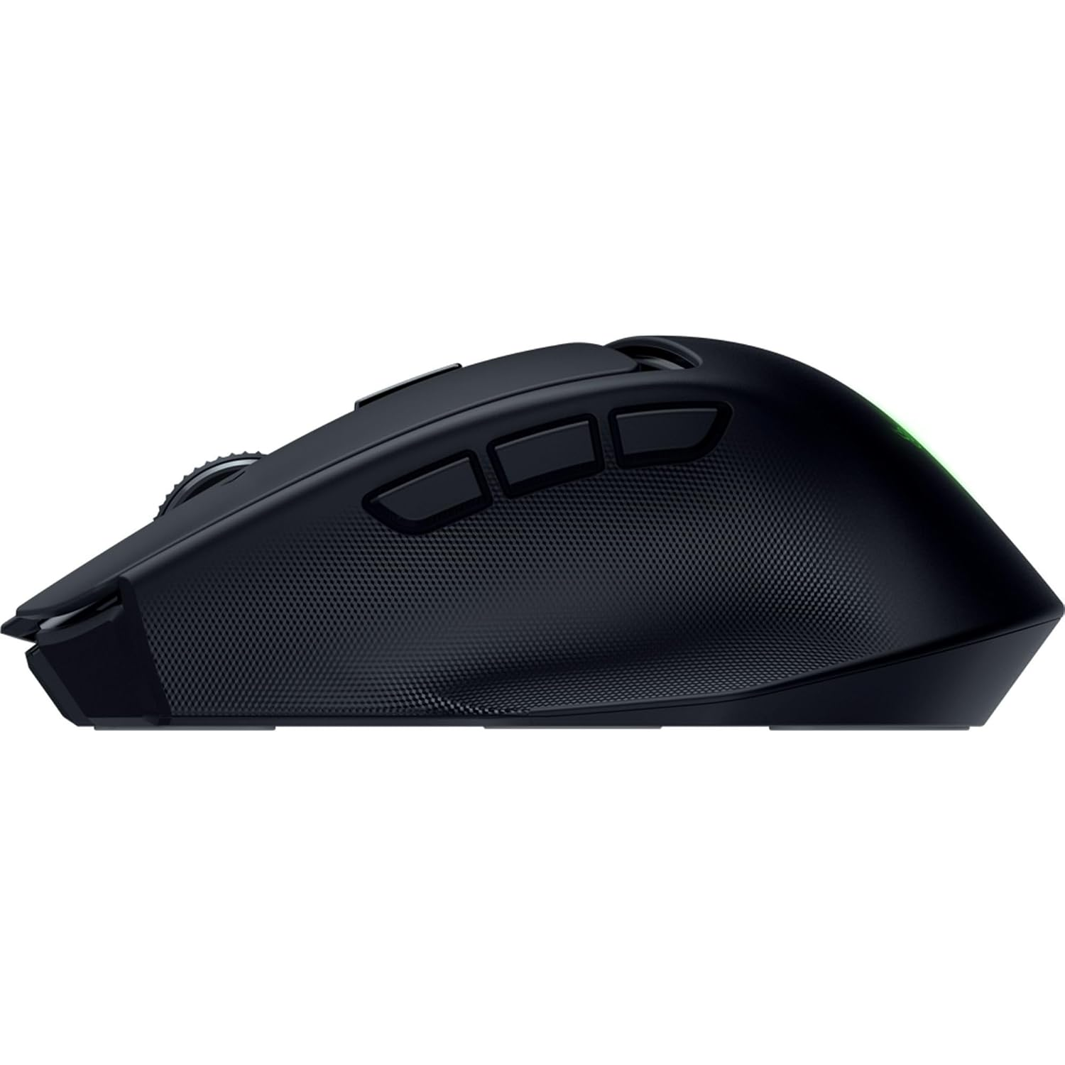 Een zwarte draadloze Razer muis op een witte achtergrond. Het heeft meerdere knoppen en een gestructureerd oppervlak.