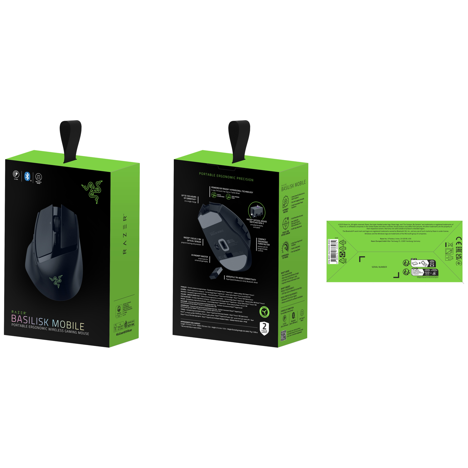 Razer Basilisk Mobile gaming muis doos. Zwarte muis op groene doos. Kenmerken zijn draadloos, ergonomisch en lange batterijduur.