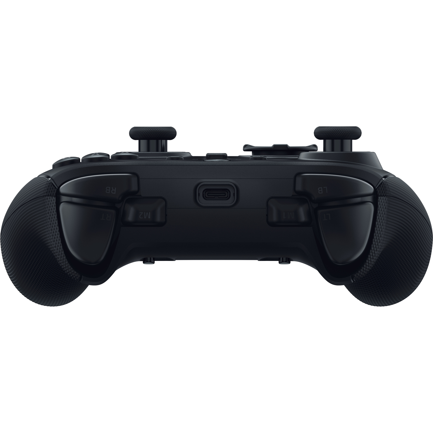 Een zwarte gamepad met getextureerde handgrepen, knoppen en joysticks. De gamepad is gecentreerd op een witte achtergrond.