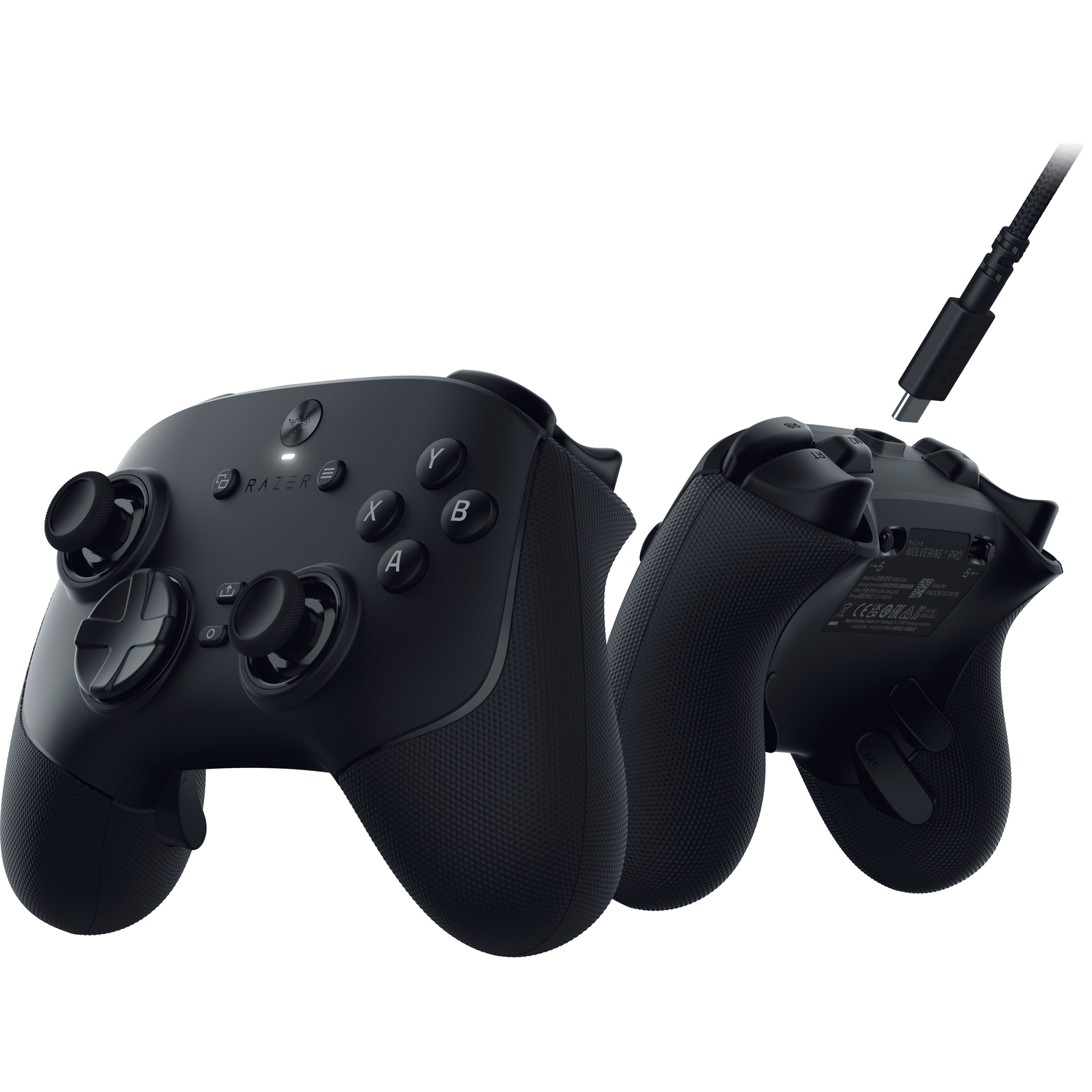 Zwarte Razer Wolverine Pro-controller. Knoppen, joysticks en een USB-C-kabel zijn zichtbaar op witte achtergrond.