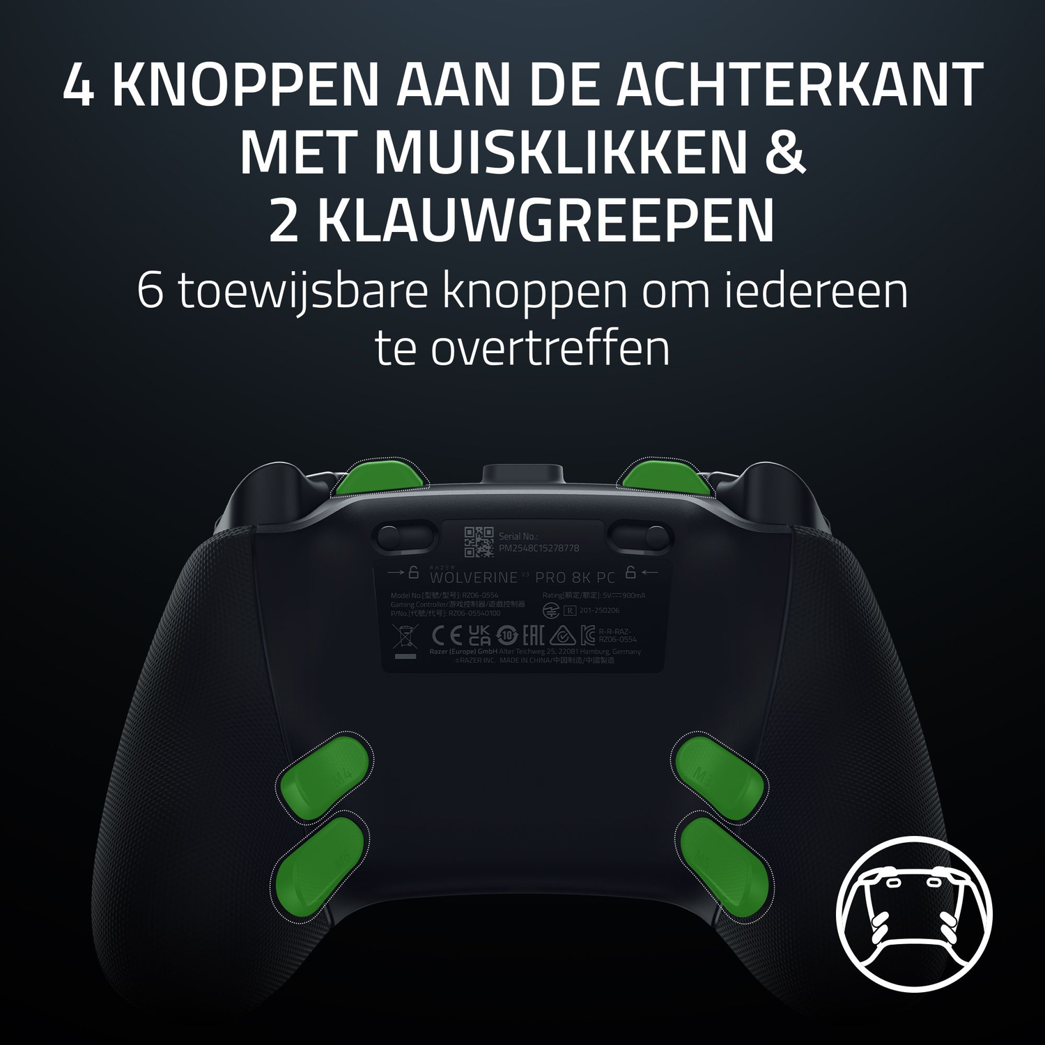 Zwarte gamecontroller met groene knoppen, tekst in het Nederlands. Details over knoppen en functies.