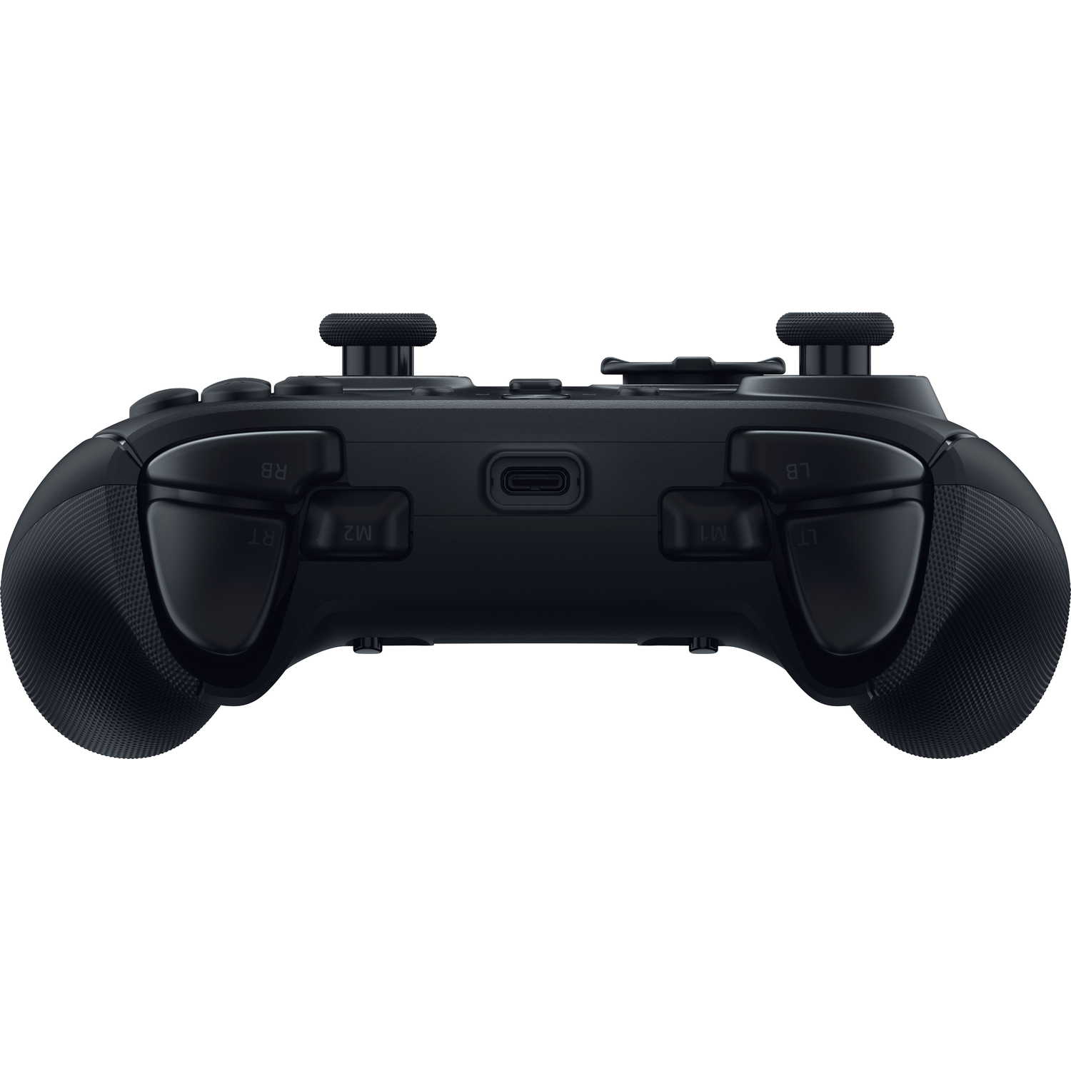 A black gamepad, seen from above. Features buttons, joysticks, and a USB-C port. The grips have a textured pattern.