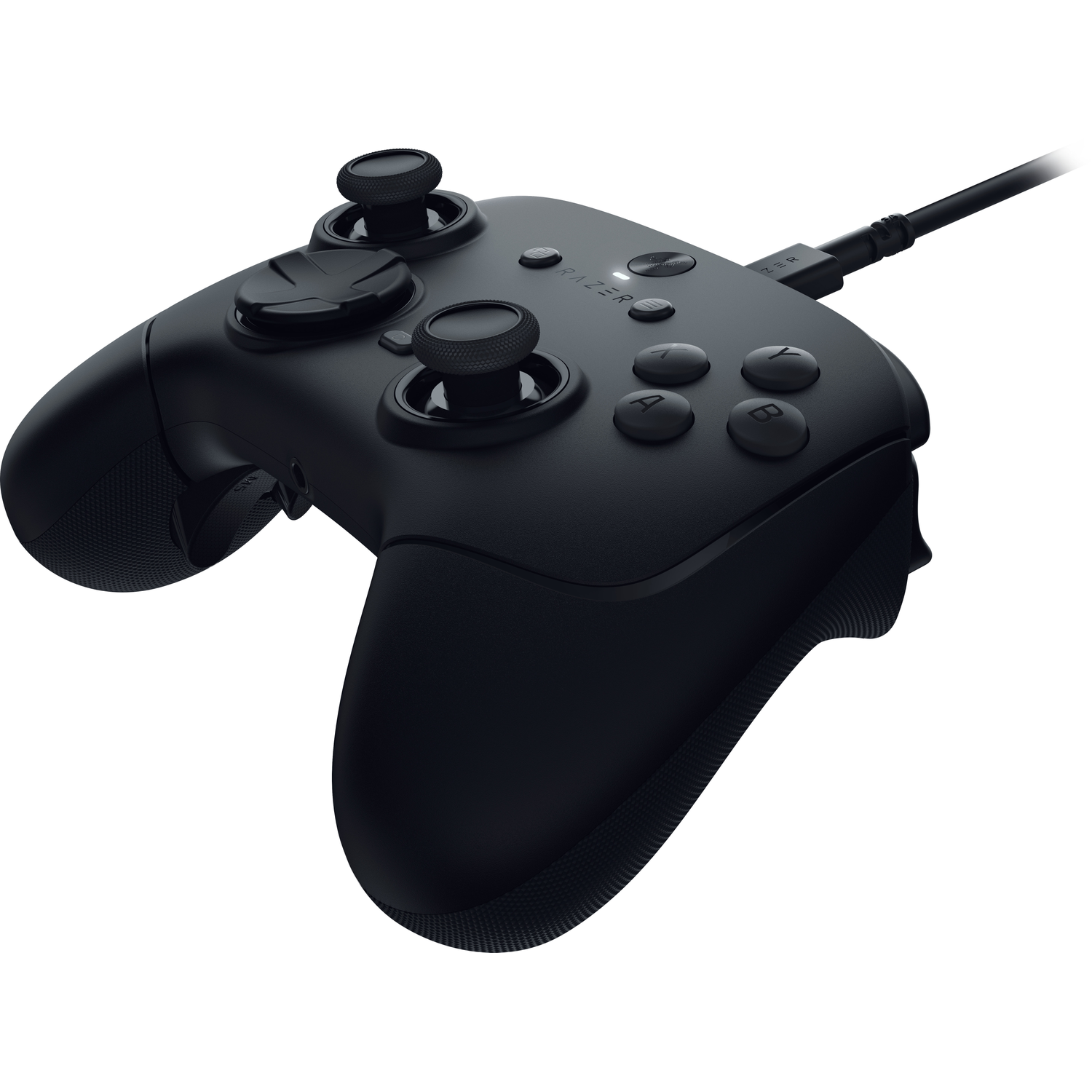 Black Razer controller with buttons, joysticks, and a connected USB cable. It's set against a white background.