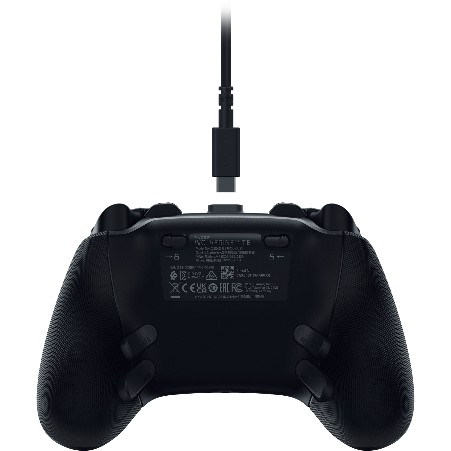 Black Razer Wolverine controller. USB-C cable connected. Features buttons, text, and logos. Textured grips and labels are visible.