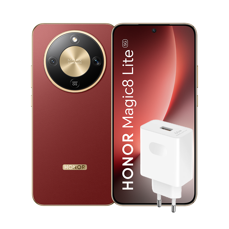 Teléfono rojo Honor Magic8 Lite 5G con cargador. El teléfono tiene un marco dorado y un módulo de cámara. El cargador es blanco.