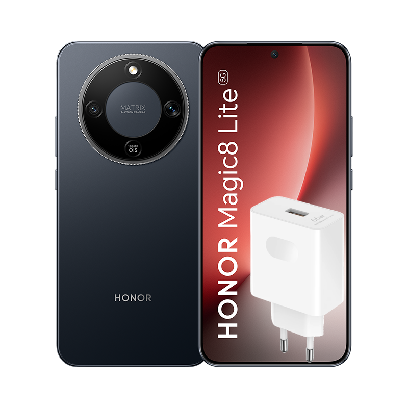 Imagen muestra el teléfono Honor Magic8 Lite 5G y cargador. El teléfono es azul oscuro con conjunto de cámaras. El cargador es blanco con puerto USB.
