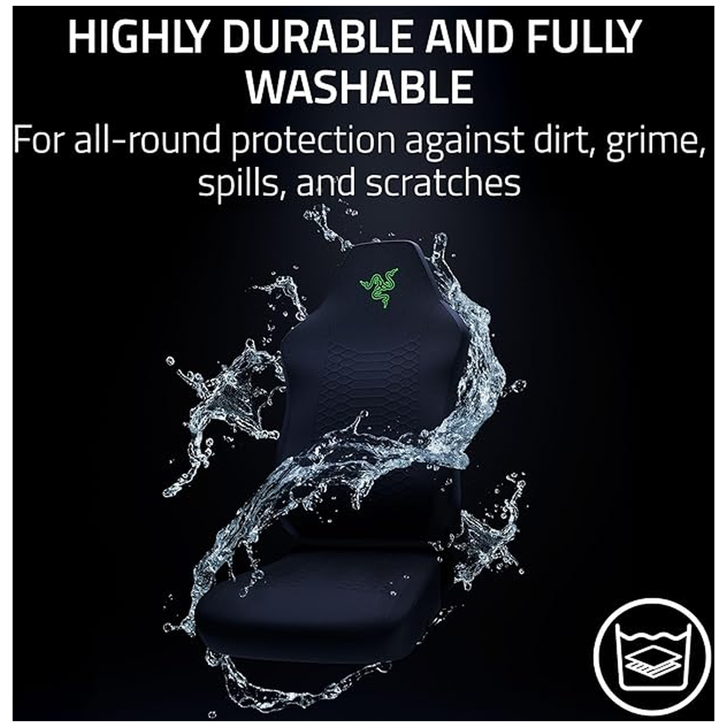 Black gaming chair with water splashing around it. The chair has the Razer logo. Text says washable for dirt, grime, and spills.