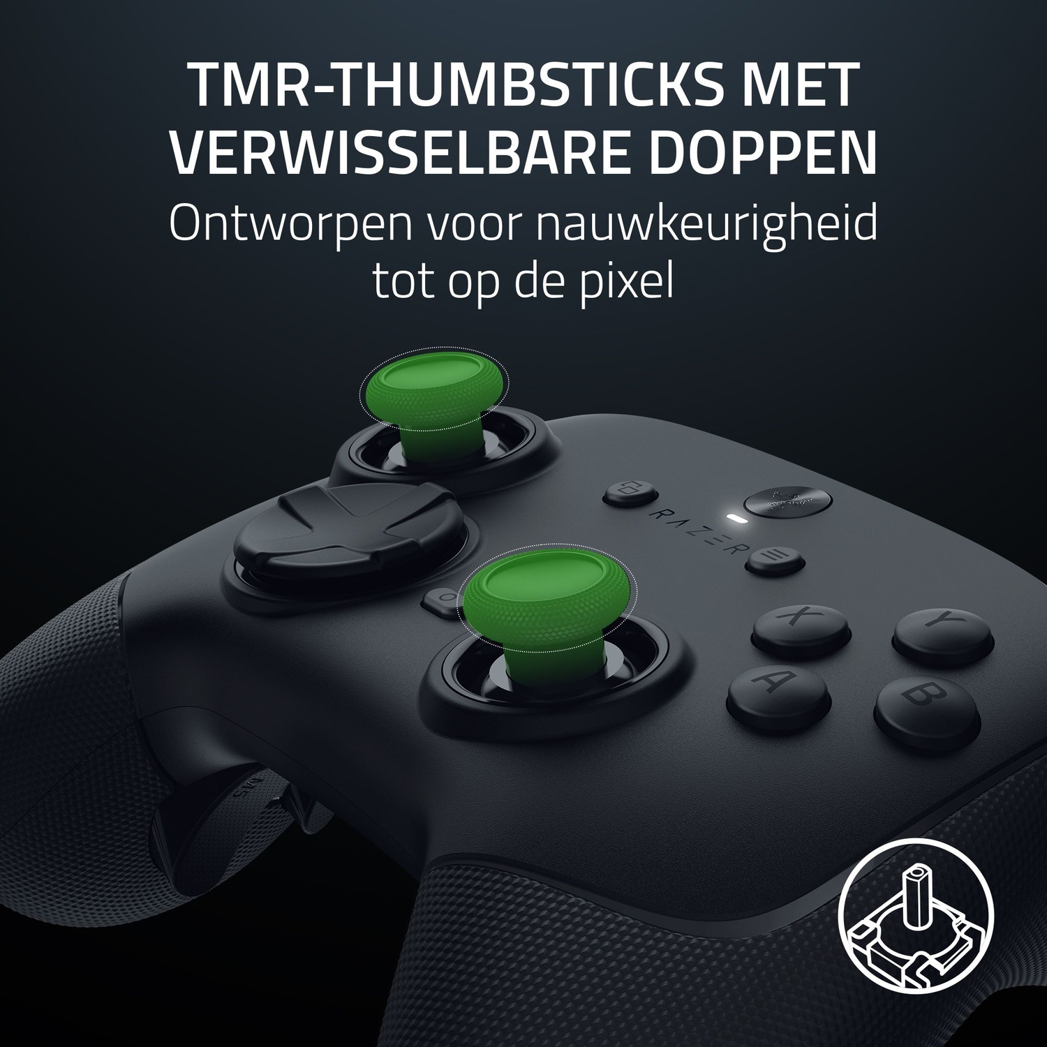 Close-up of a black game controller with green thumbsticks. Text reads 'TMR-THUMBSTICKS' and 'RAZER'. Buttons are visible.