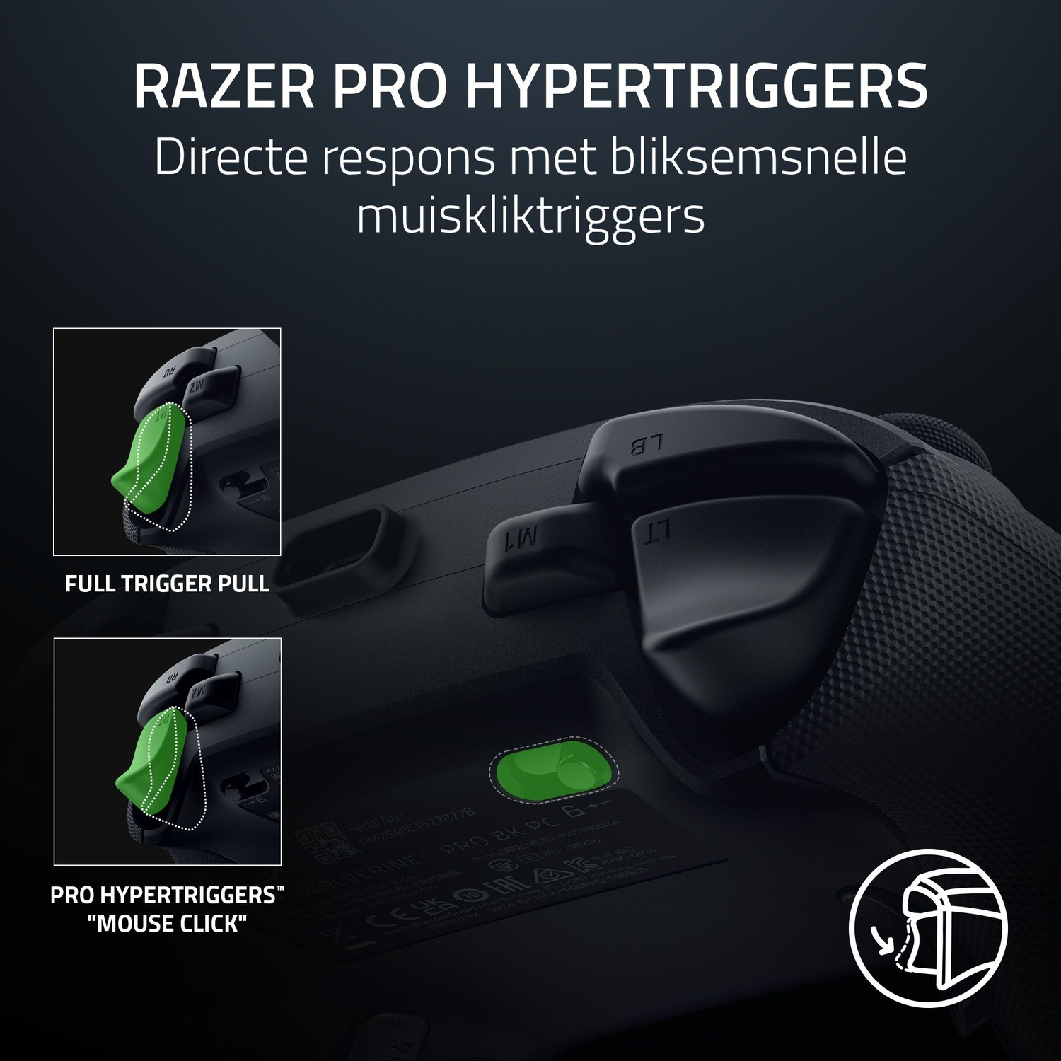 Image shows a Razer controller with green accents. Text reads 'RAZER PRO HYPERTRIGGERS'. Close-ups of triggers are shown.