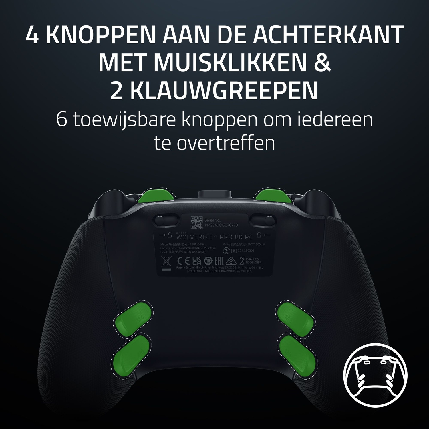 Black game controller with green buttons, text in white: 4 buttons, 2 claw grips, 6 assignable buttons.
