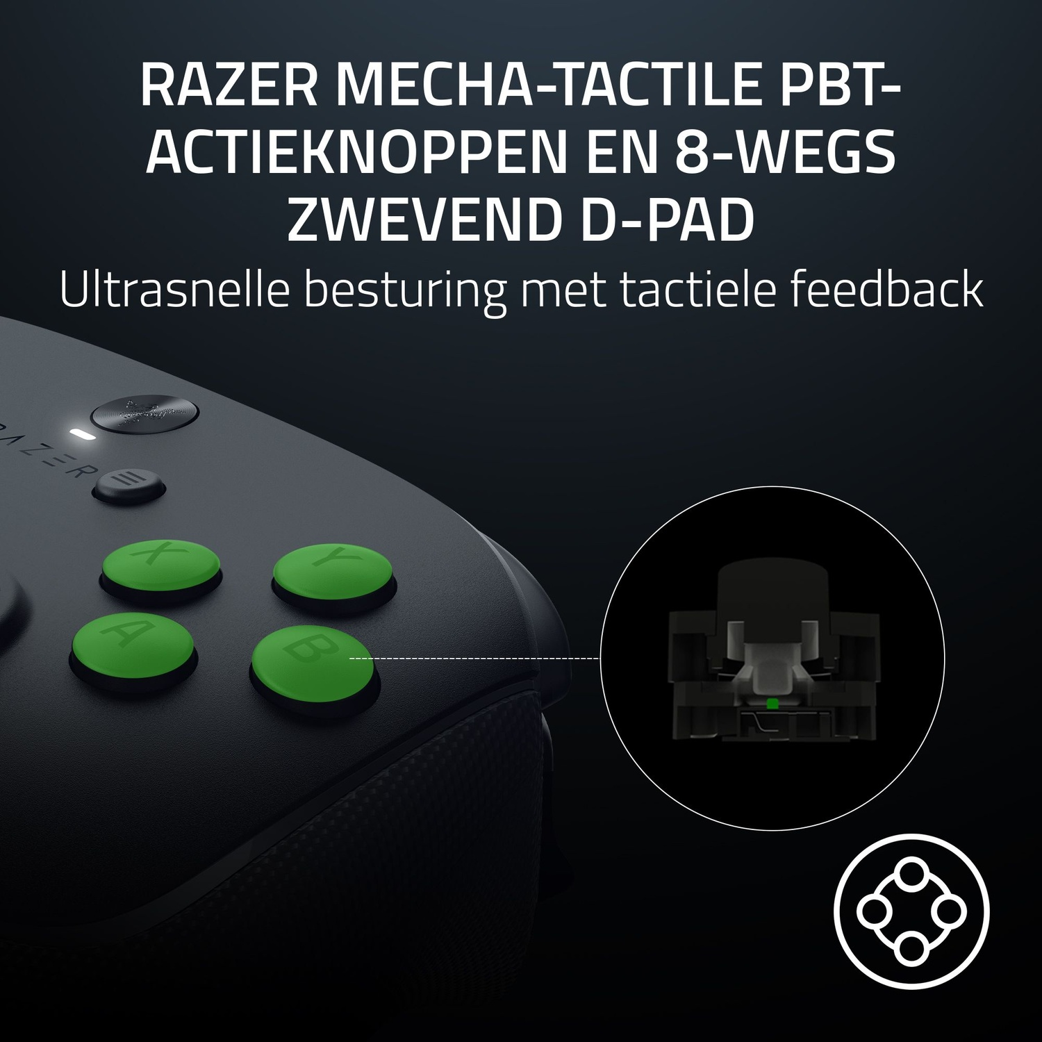 Black game controller with green action buttons. Text describes features. An exploded view of button is shown.