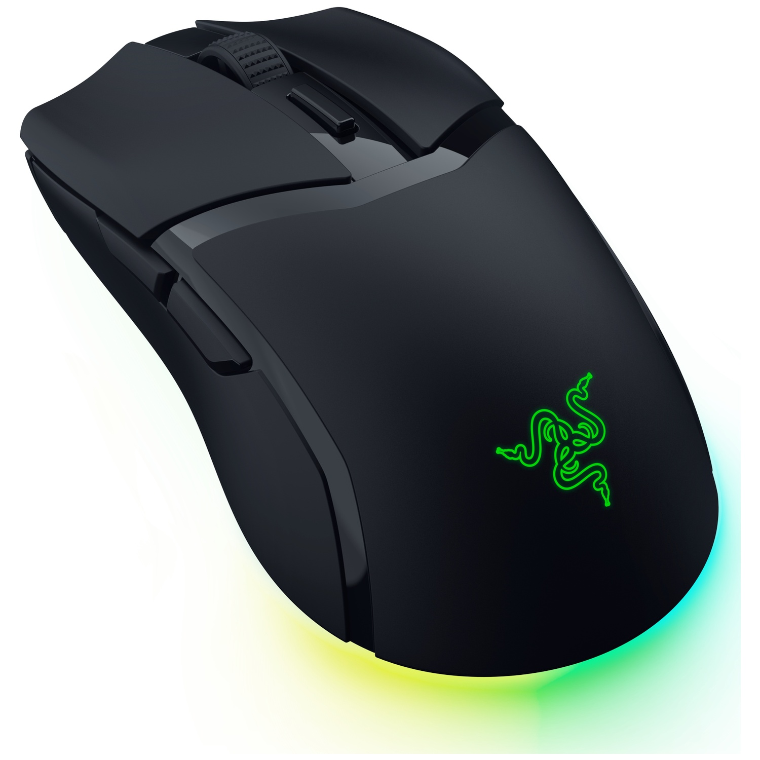 Black Razer gaming mouse with a green logo. It has buttons, a scroll wheel, and an illuminated base with a gradient of colors.