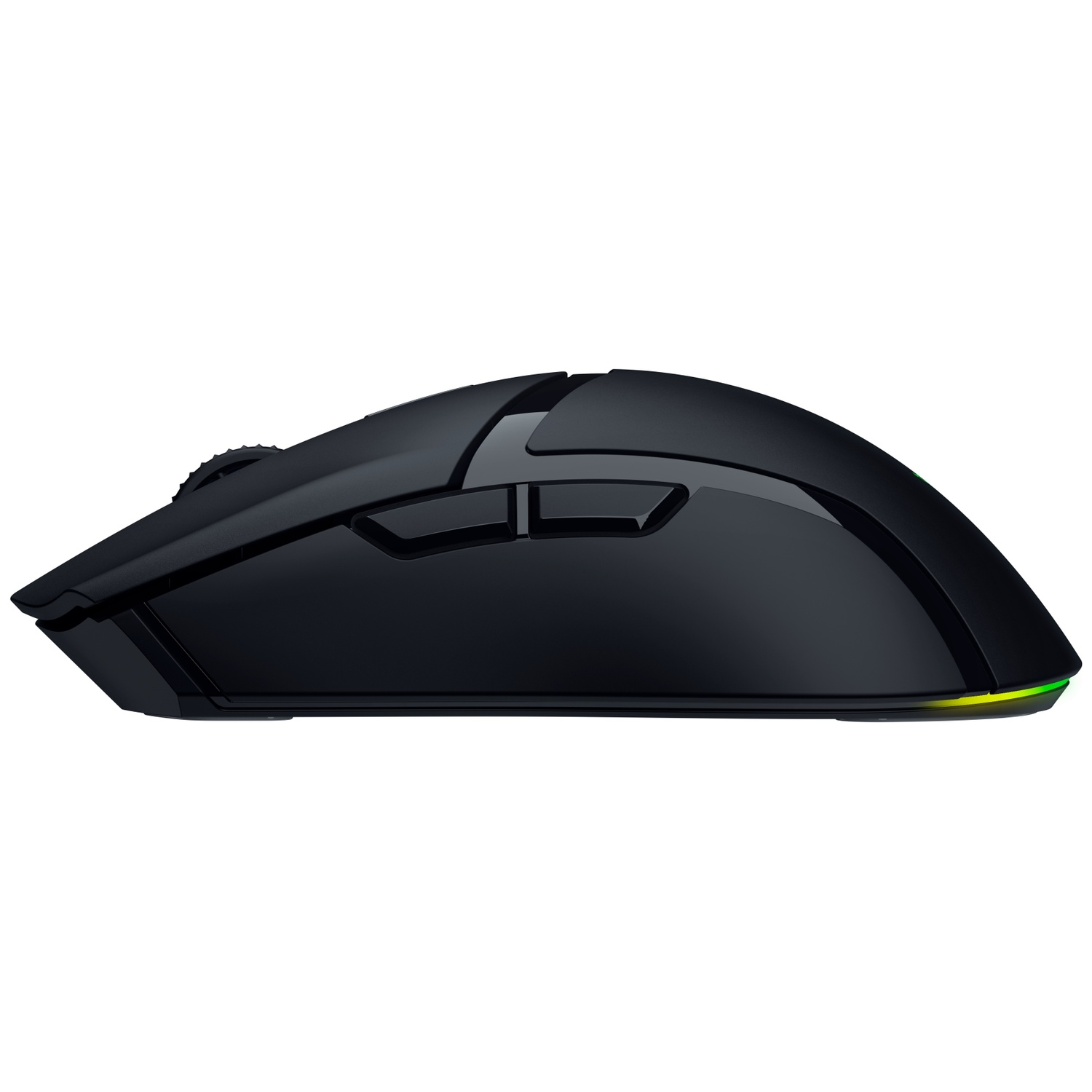 A black gaming mouse with side buttons and a scroll wheel, illuminated at the bottom. It is set against a white background.