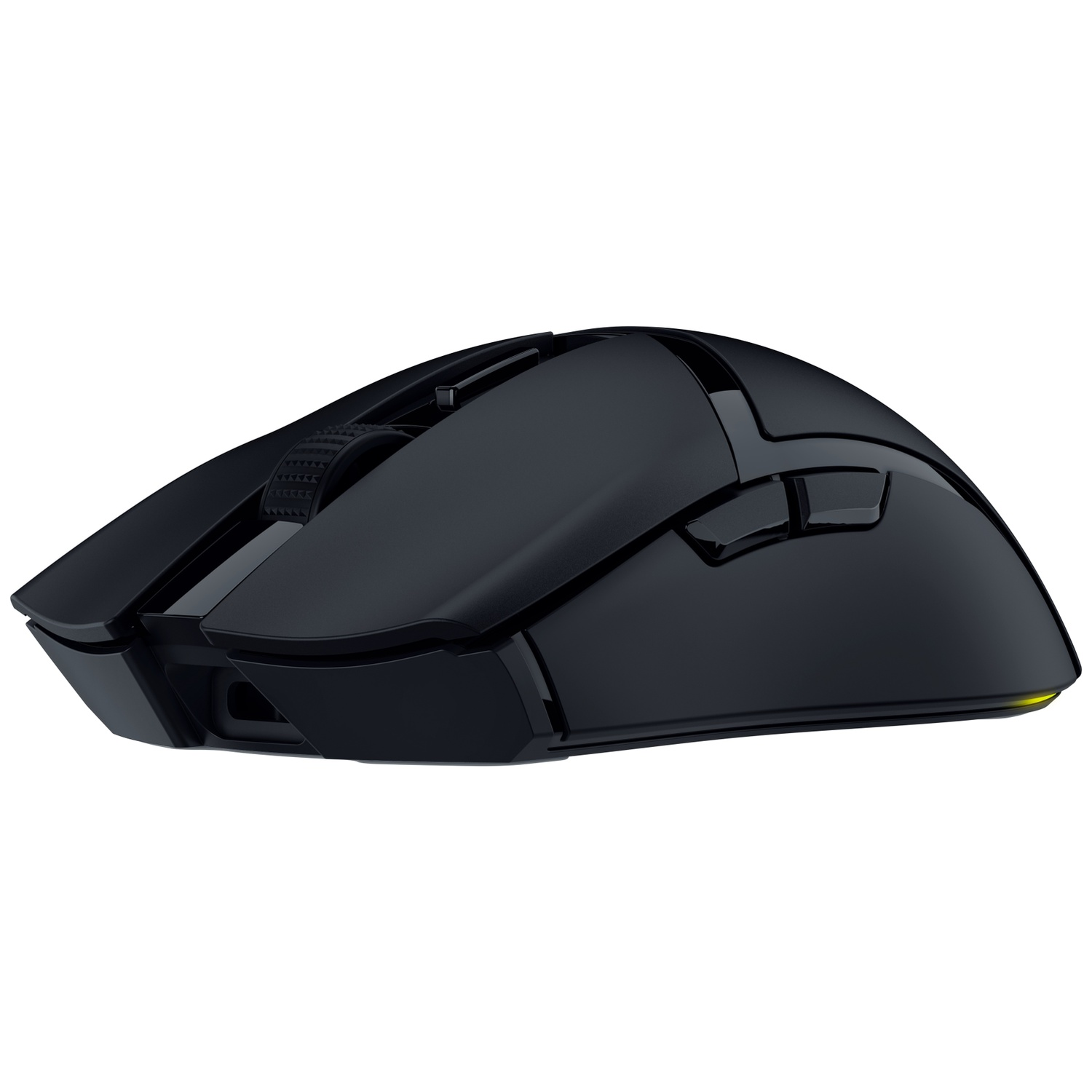 A black computer mouse with a scroll wheel and side buttons, against a white background.