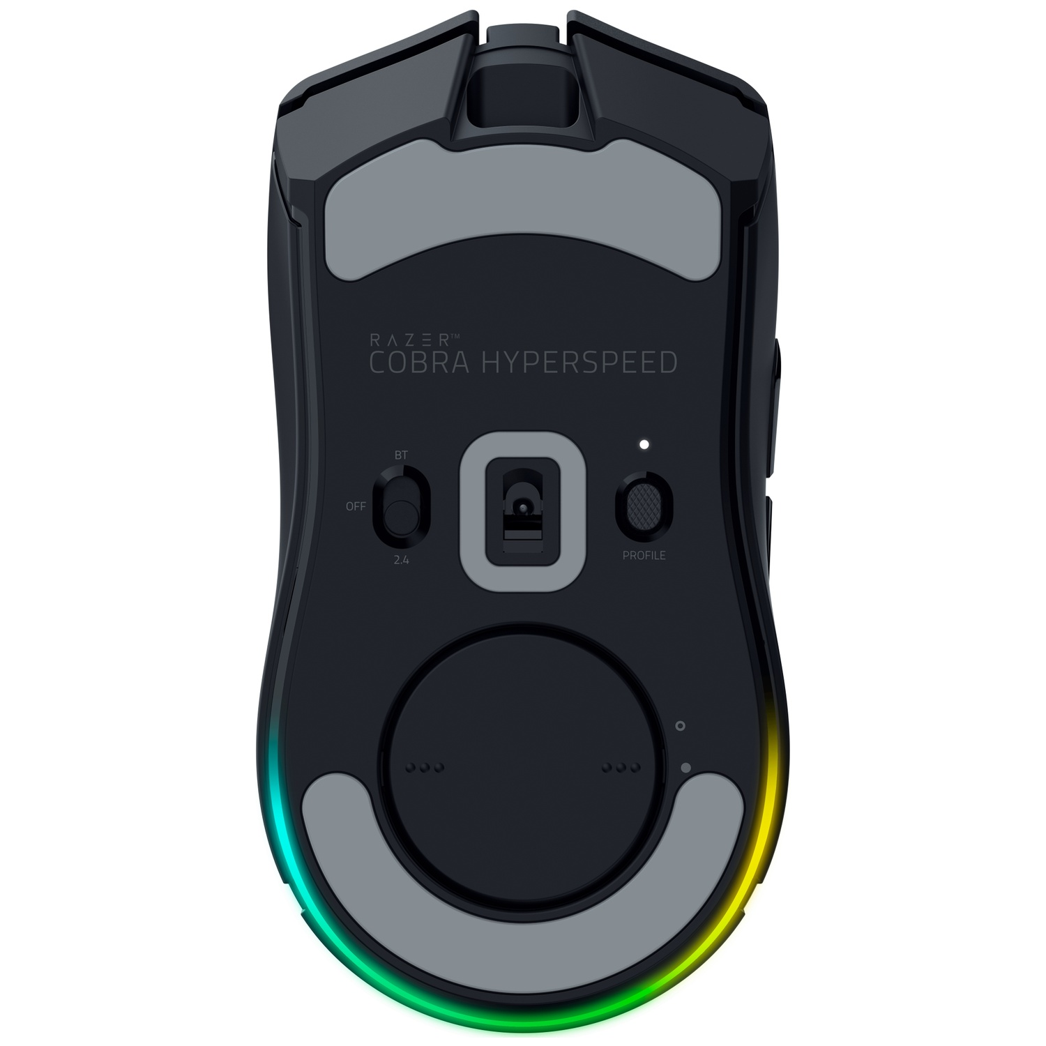 Black Razer Cobra Hyperspeed gaming mouse. Has gray accents, buttons, and a bottom with a glowing green and yellow light.