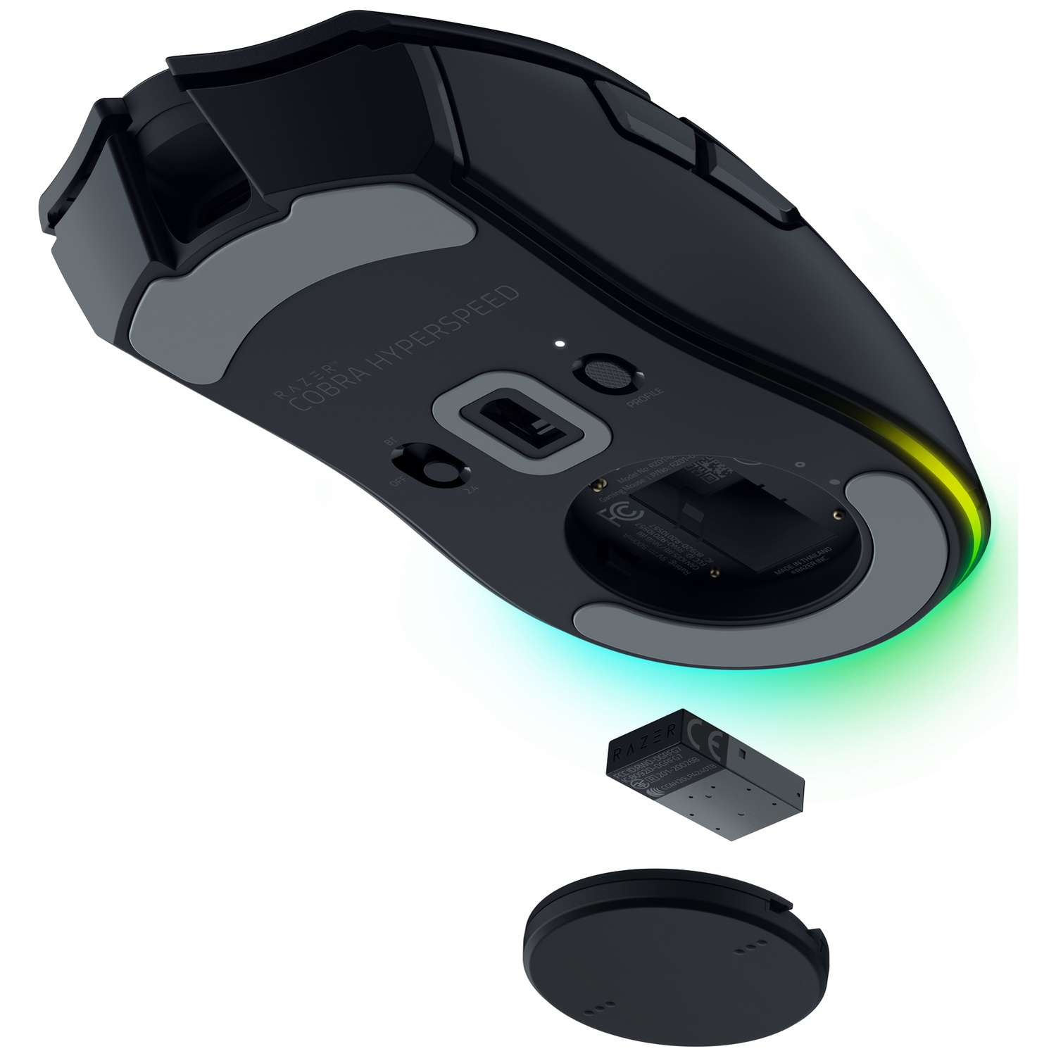 Black Razer Cobra Hyperspeed gaming mouse. Includes battery and charging dock. Green and yellow lighting on the bottom edge.