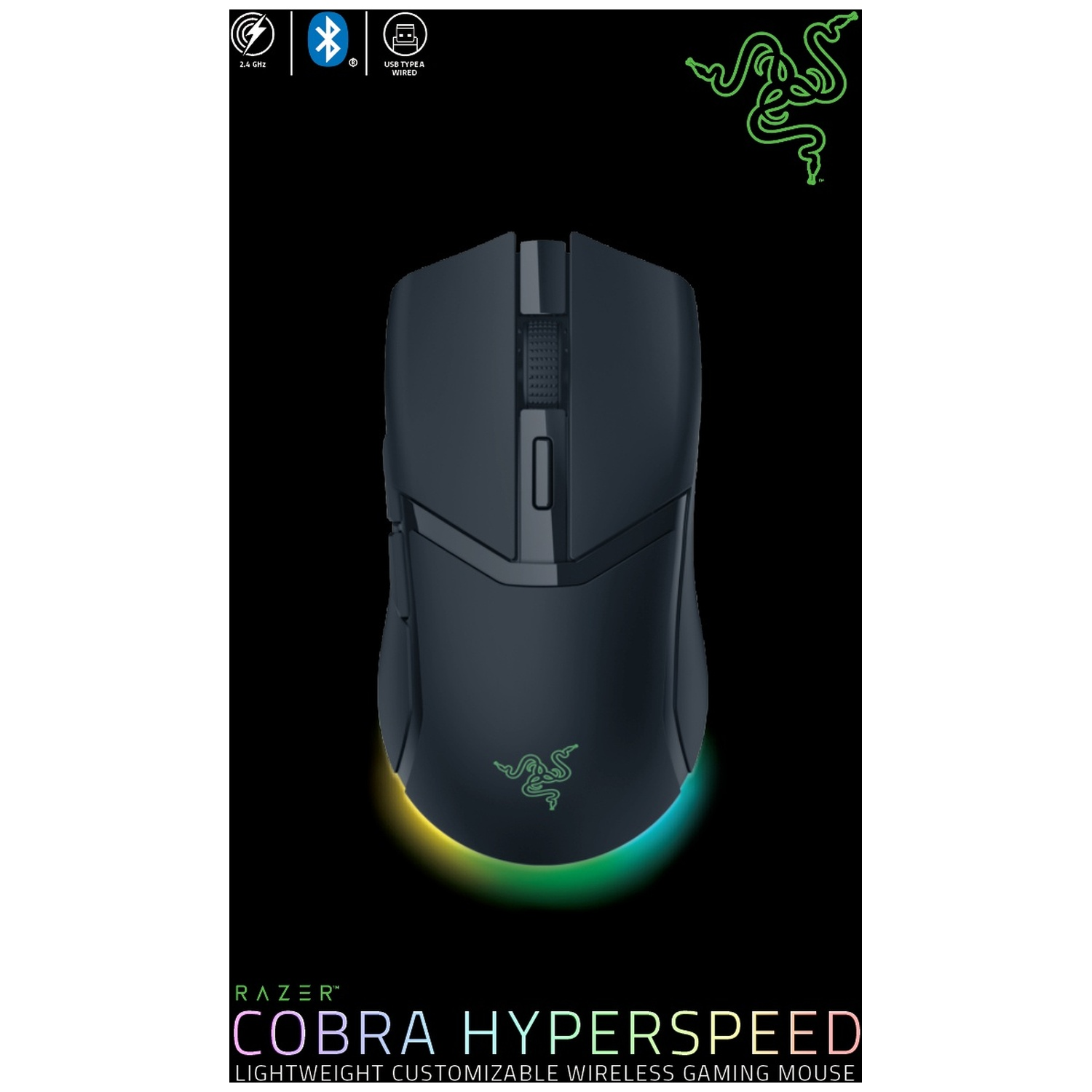 A black Razer Cobra HyperSpeed gaming mouse. It has a Razer logo and icons for 2.4 GHz, Bluetooth, and USB Type A.