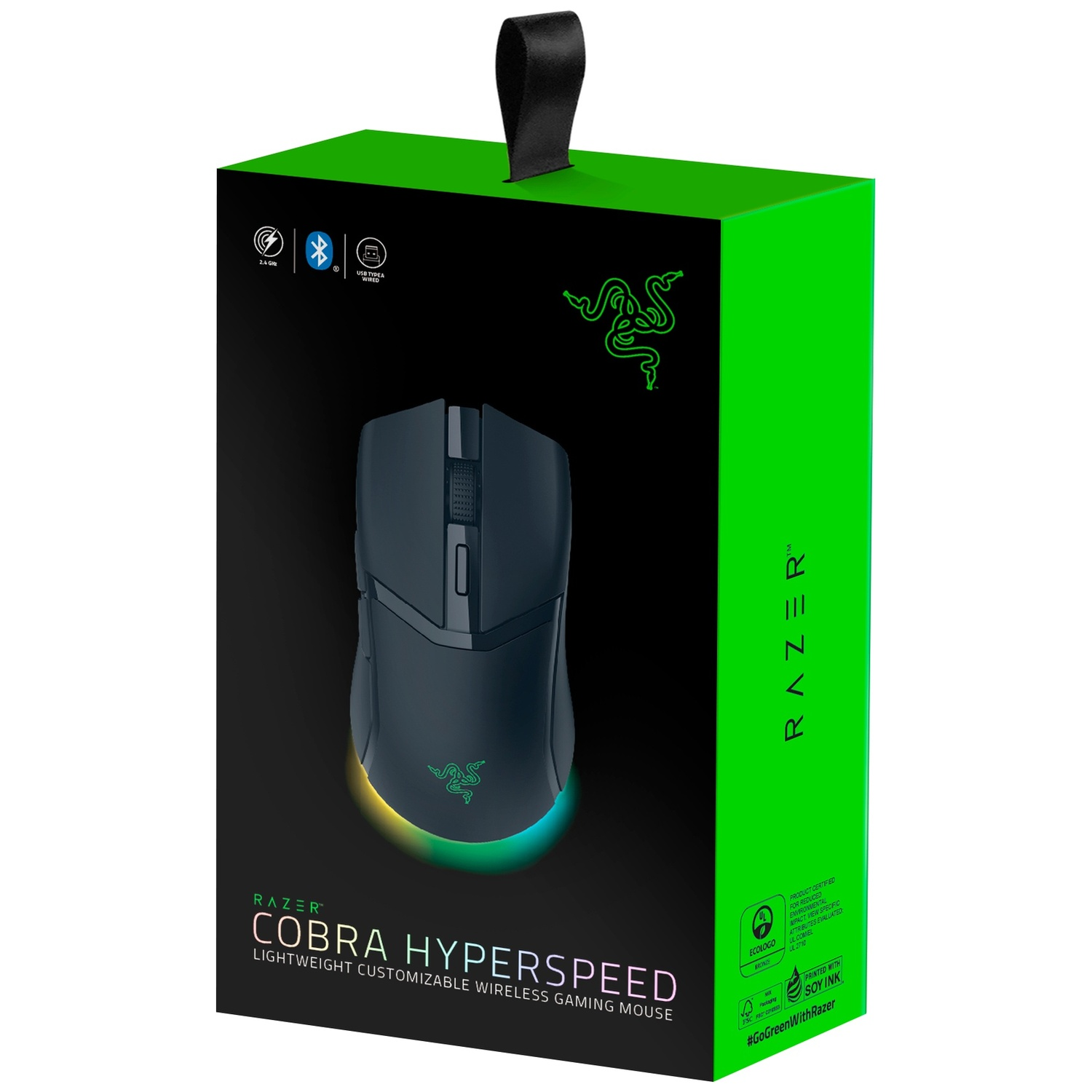 Razer Cobra Hyperspeed wireless gaming mouse in a box. The box is black and green, showing the mouse and Razer logo.