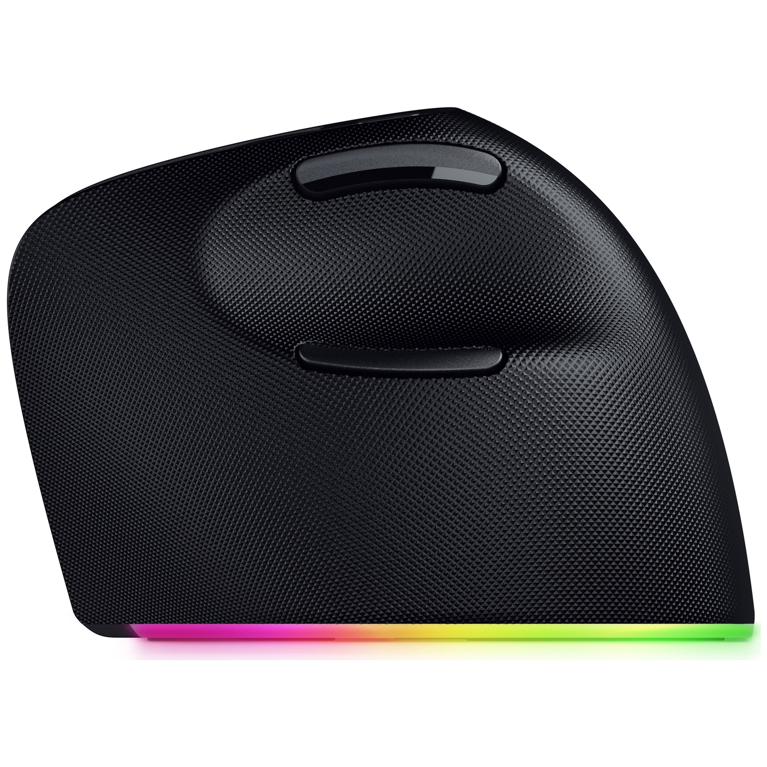 Black ergonomic vertical mouse with textured surface, two buttons, and a colorful light strip at the bottom.