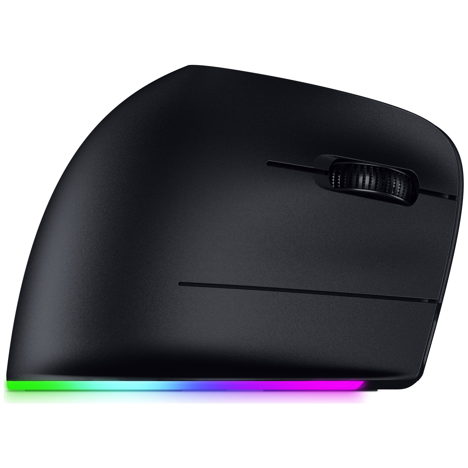 A black vertical ergonomic computer mouse with a rainbow-colored light strip at the bottom. The mouse has a scroll wheel.