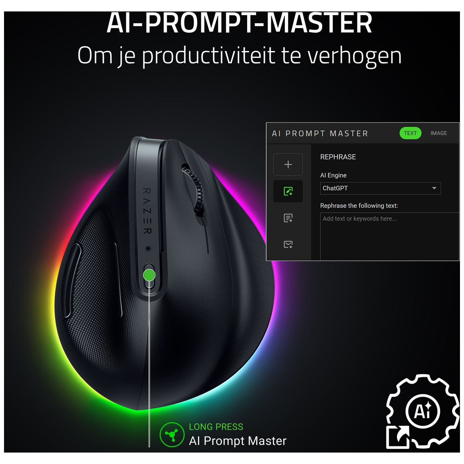 Black Razer mouse with green accents, surrounded by a gradient of colors. Text says 'AI-PROMPT-MASTER'.