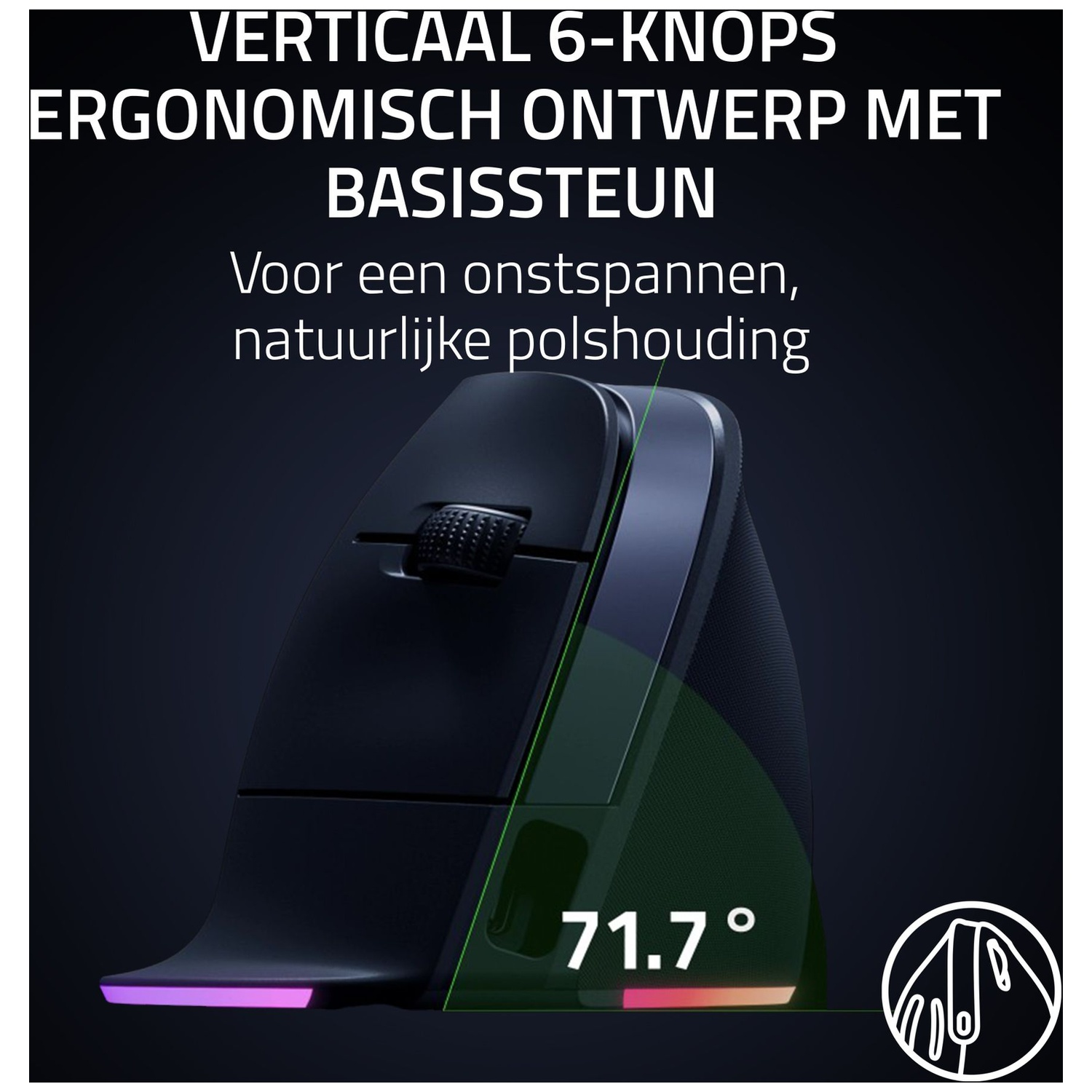 Vertical ergonomic mouse. Black, with a 71.7-degree angle, and a glowing base. Text in Dutch. White logo in the bottom right corner.